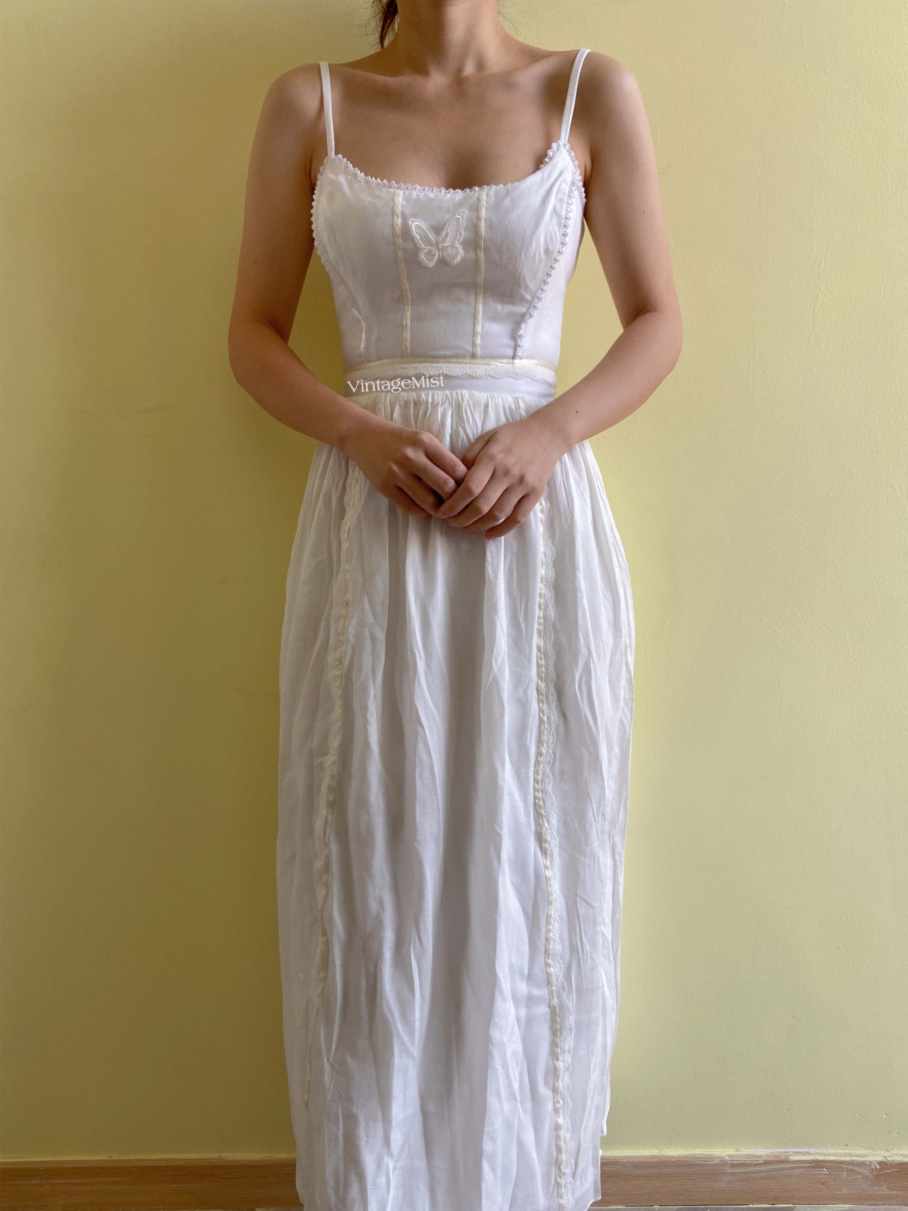 1970s Romantic Butterfly Strap Lace Dress - White | VintageMist
