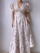 Puff Sleeve V Neck Floral Dress - White | VintageMist