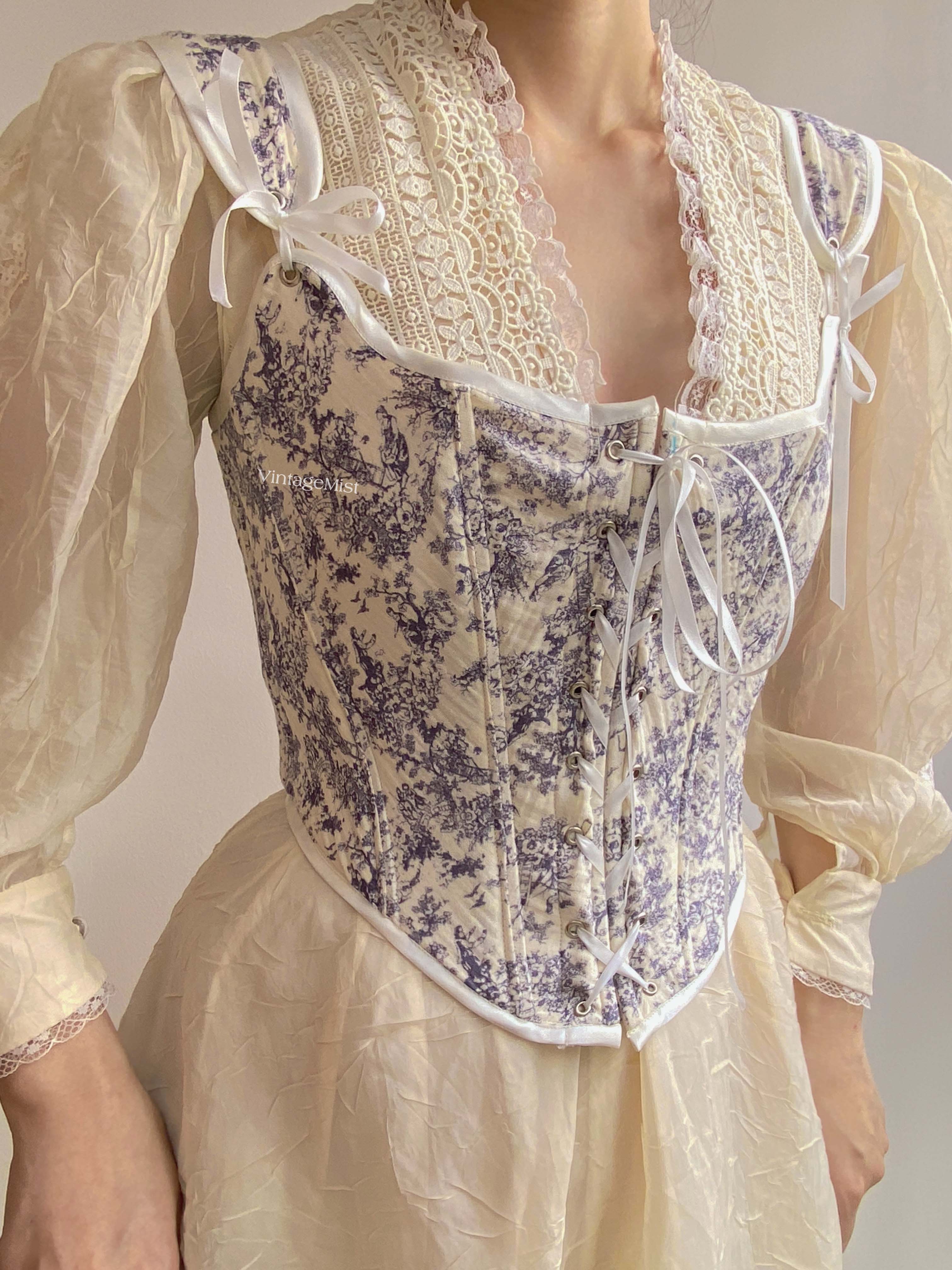 Exclusive Vintage Medieval Corset with Purple Floral Print - Ivory | VintageMist
