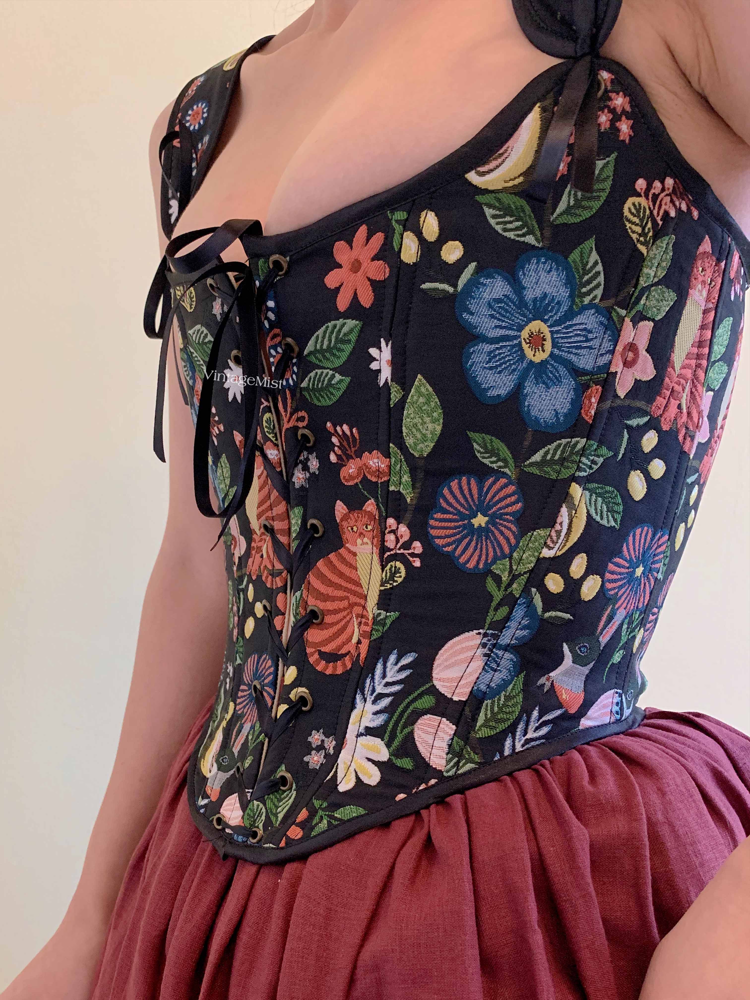 Enchanted Forest Fairycore Corset with Cat Print - Black | VintageMist