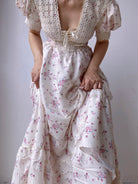 Puff Sleeve V Neck Floral Dress - White | VintageMist
