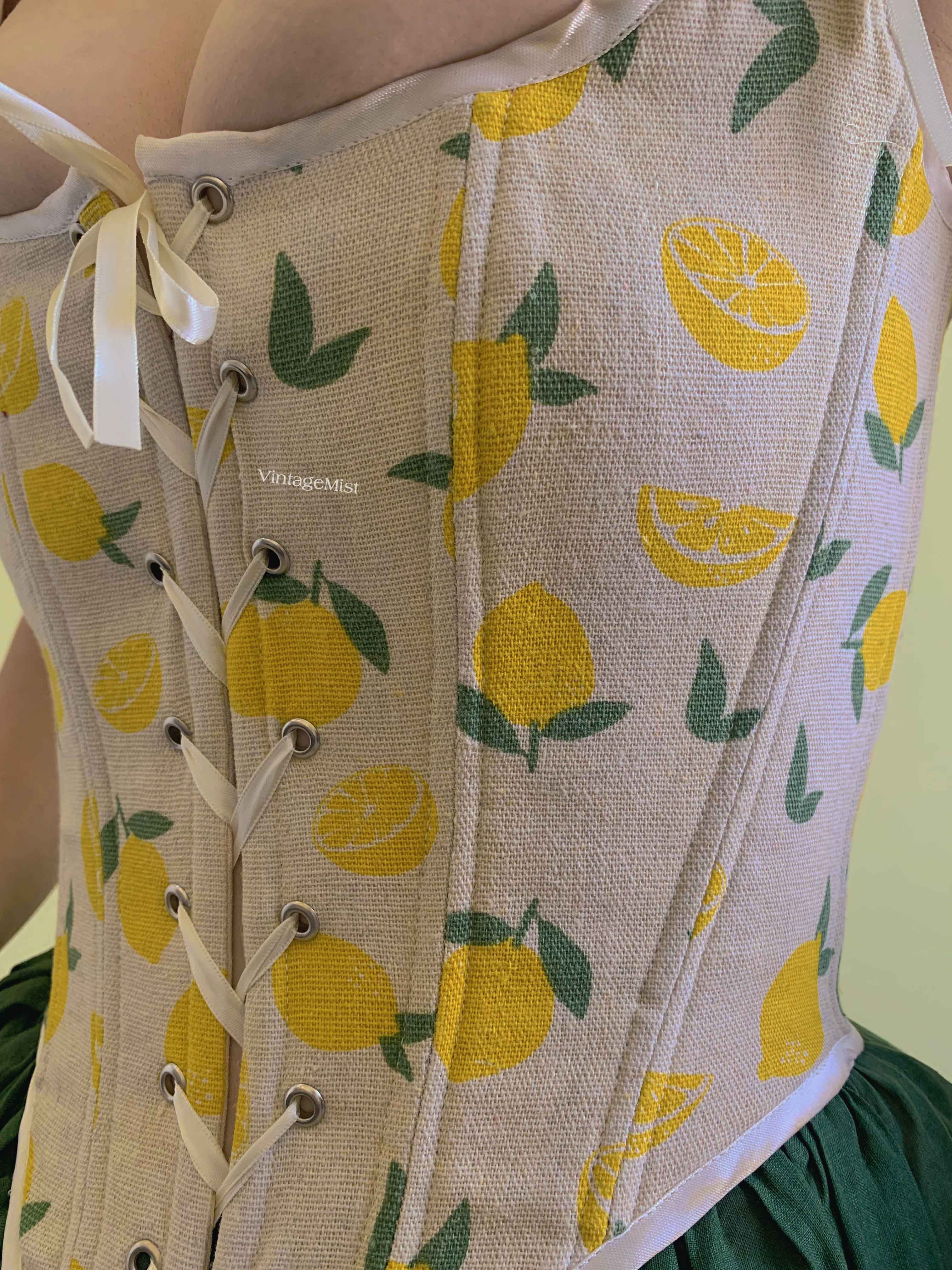 Cottagecore Lemon Print Lace Up Corset - Ivory | VintageMist