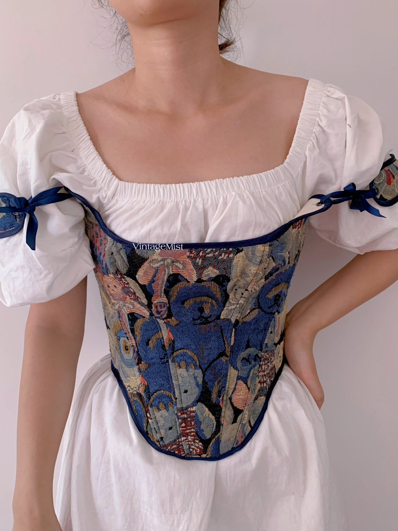Bear Print Corset Top - Blue | VintageMist