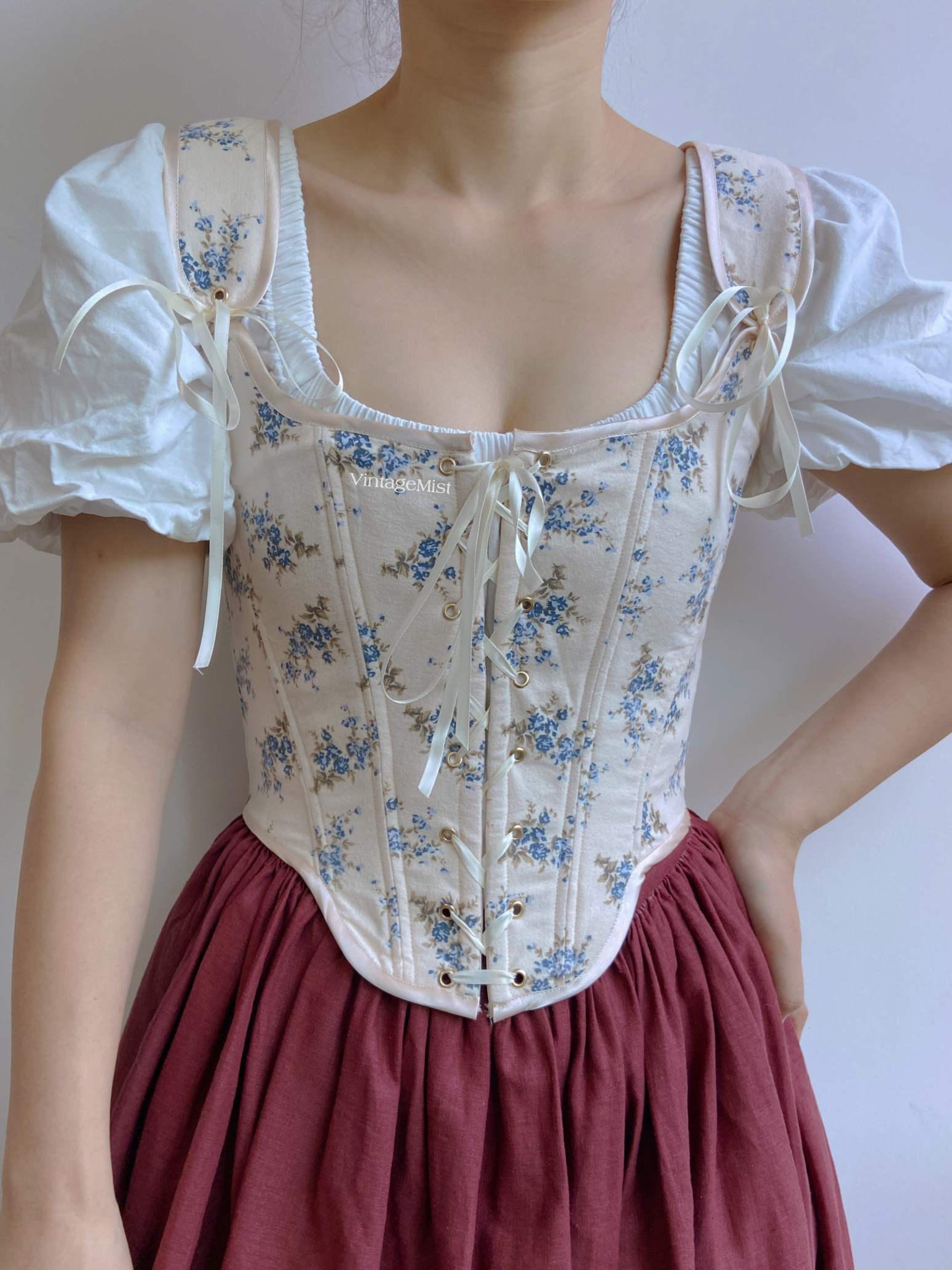 Blue Floral Renaissance Corset Bodice Stays - Ivory | VintageMist