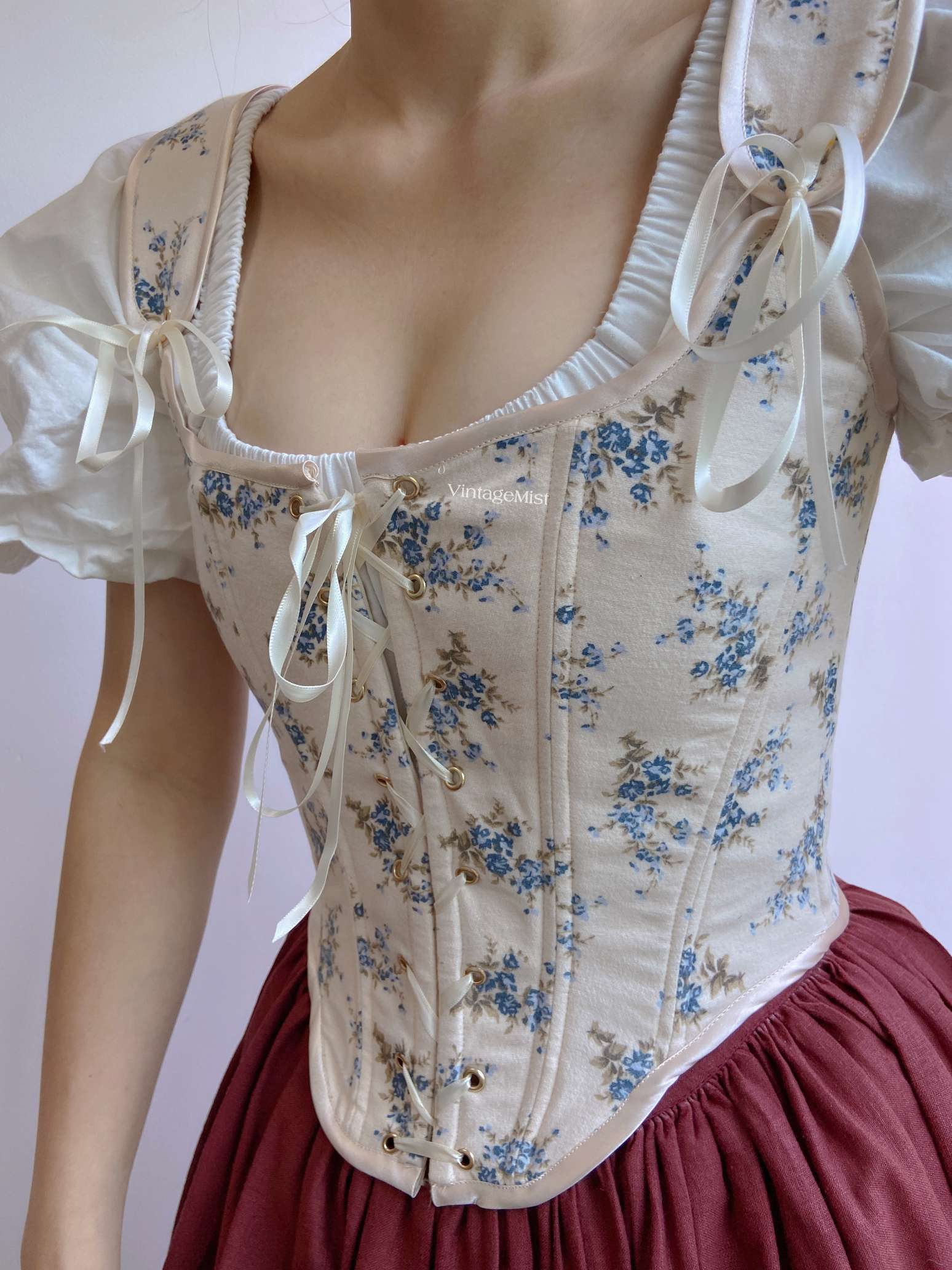 Blue Floral Renaissance Corset Bodice Stays - Ivory | VintageMist