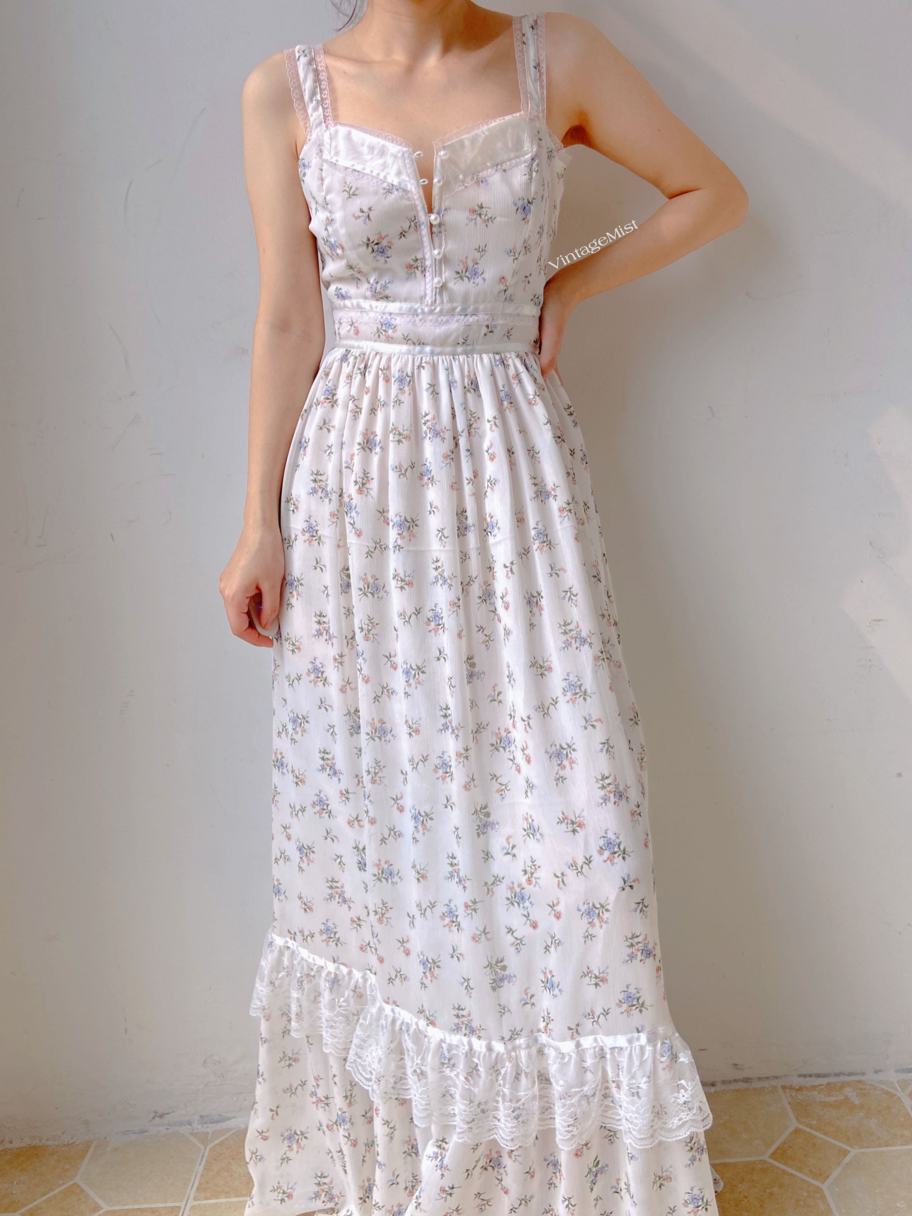 Chiffon Floral Lace Trim Beaded Cami Dress - White | VintageMist
