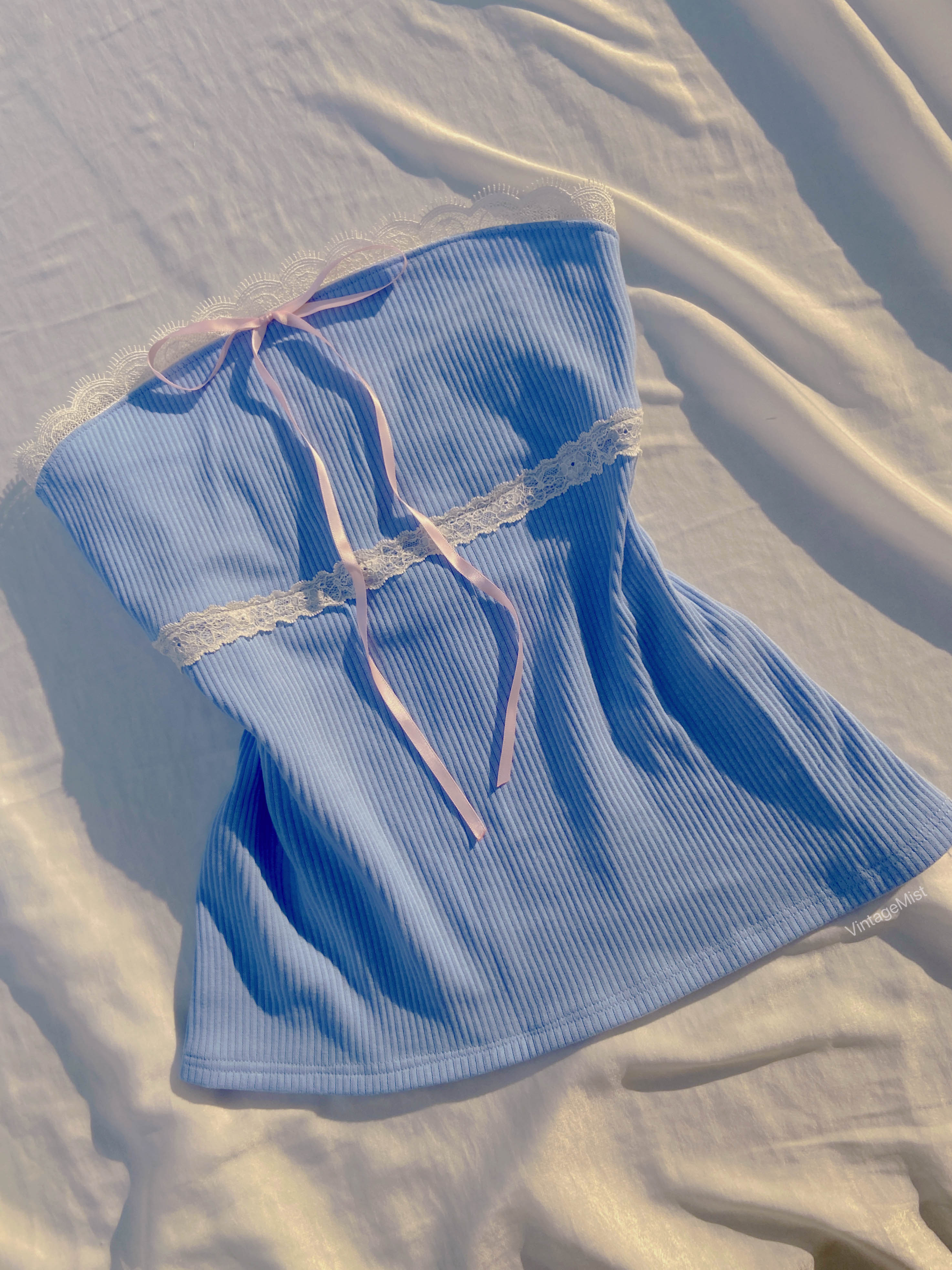 Cinderella Lace Trim Bow Ribbed Tube Top - Blue | VintageMist