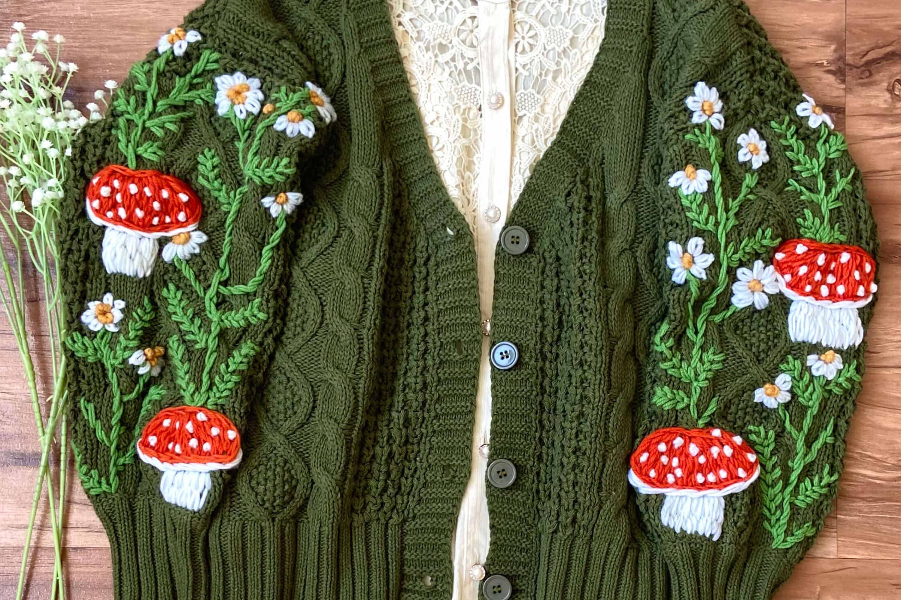 Cottagecore Mushroom Daisy Cardigan - Green | VintageMist_1