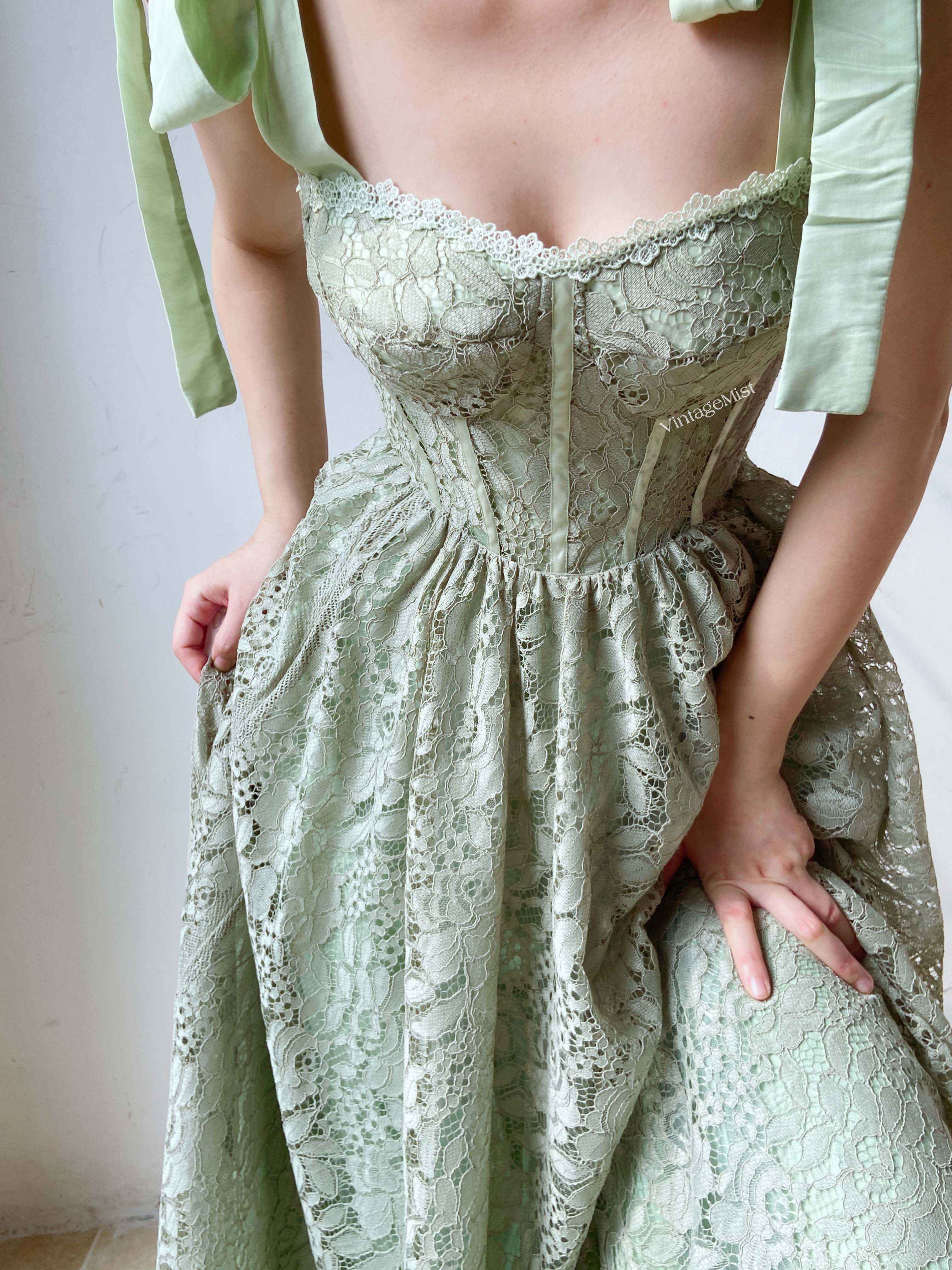Cottagecore Strap Lace Hollow Corset Dress - Green | VintageMist