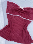 Lace Trim Bow Ribbed Tube Top - Wine Red | VintageMist