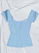 Dollette-Collar-Buttoned-Lace-Puff-Sleeve-Ribbed-Top-Sky-Blue-Cute-Summer-Outfits-VintageMist