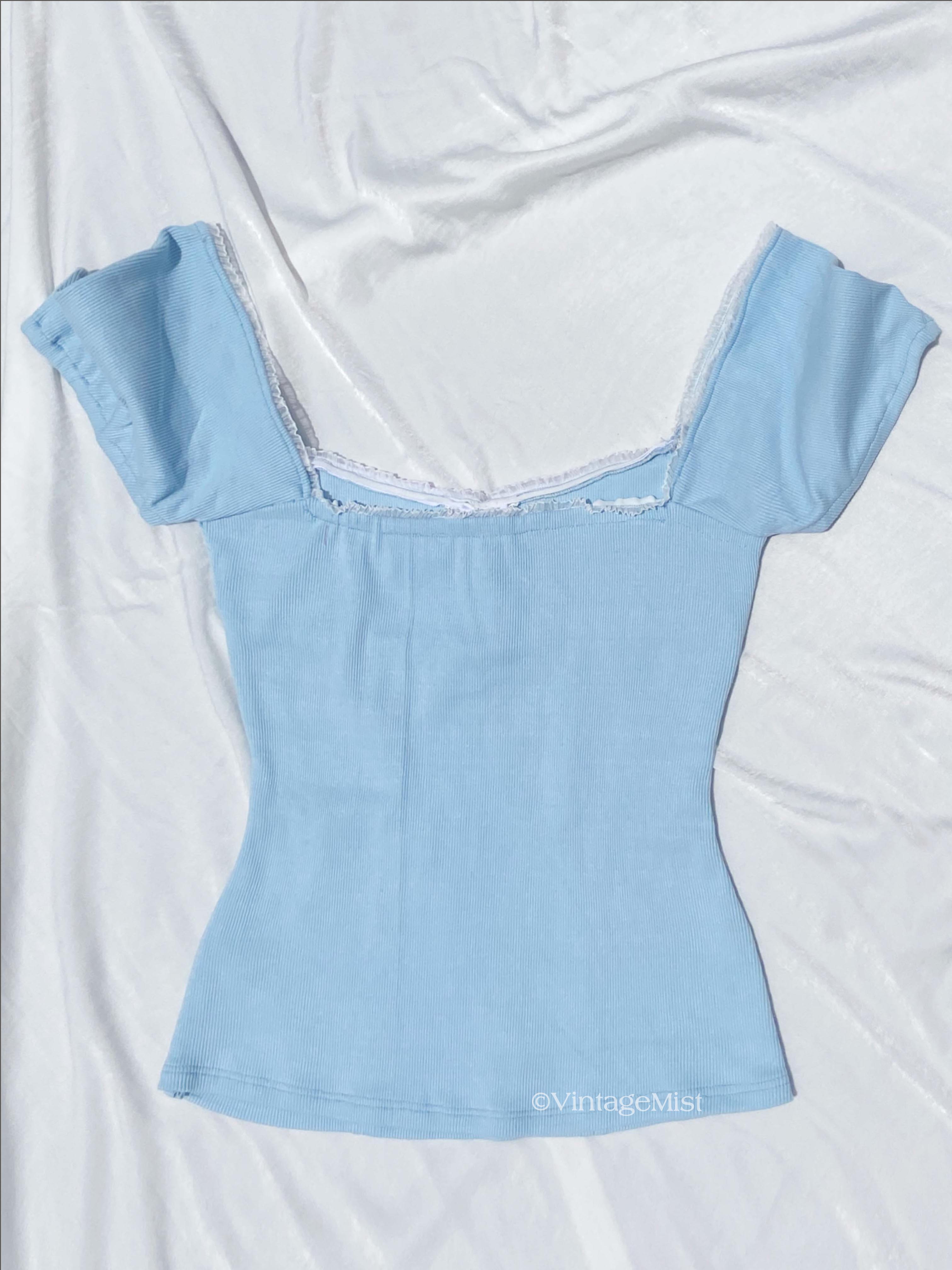 Dollette-Collar-Buttoned-Lace-Puff-Sleeve-Ribbed-Top-Sky-Blue-Cute-Summer-Outfits-VintageMist