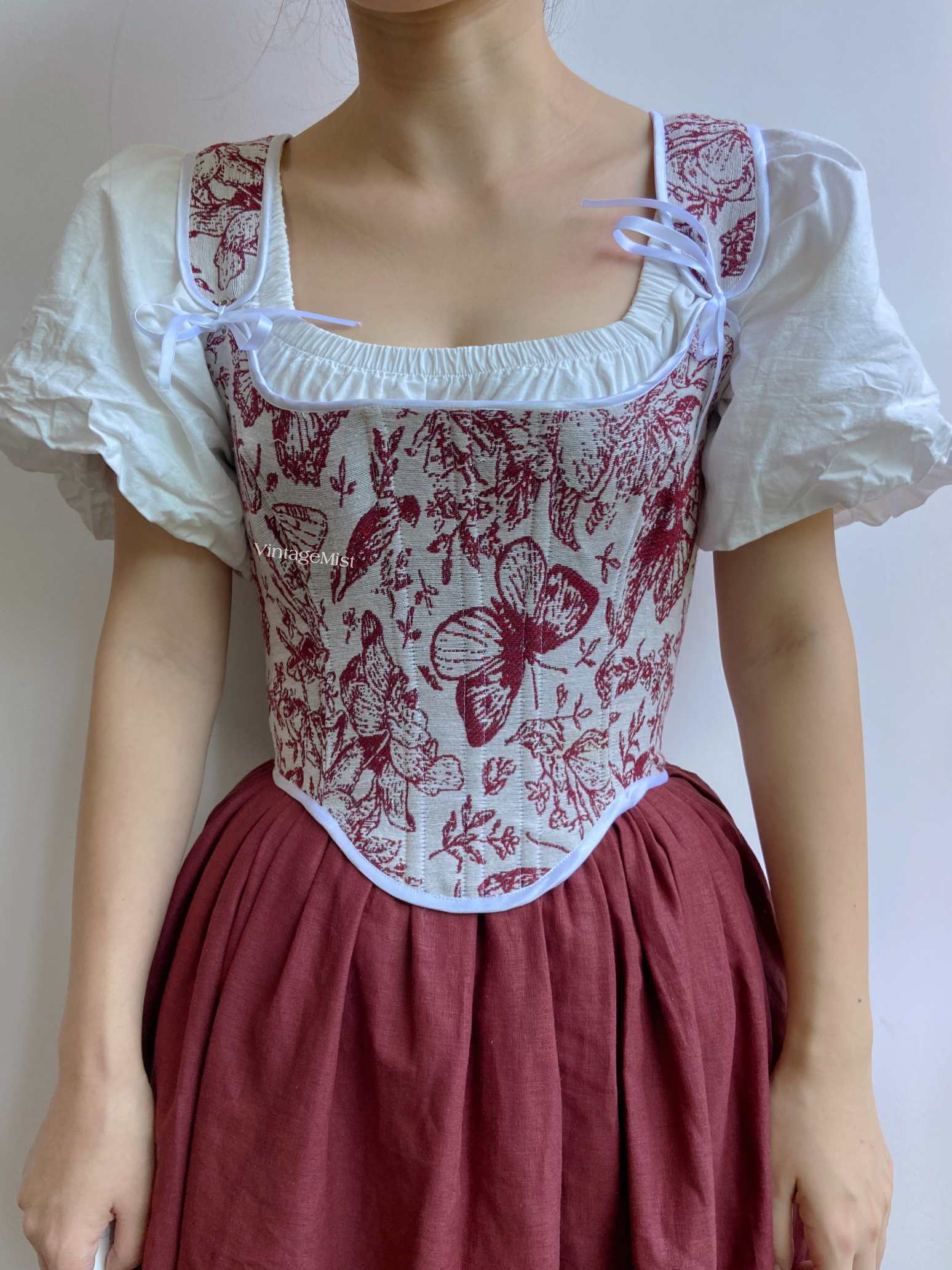 Elegant Wine Red Butterfly Tapestry Boned Corset  VintageMist
