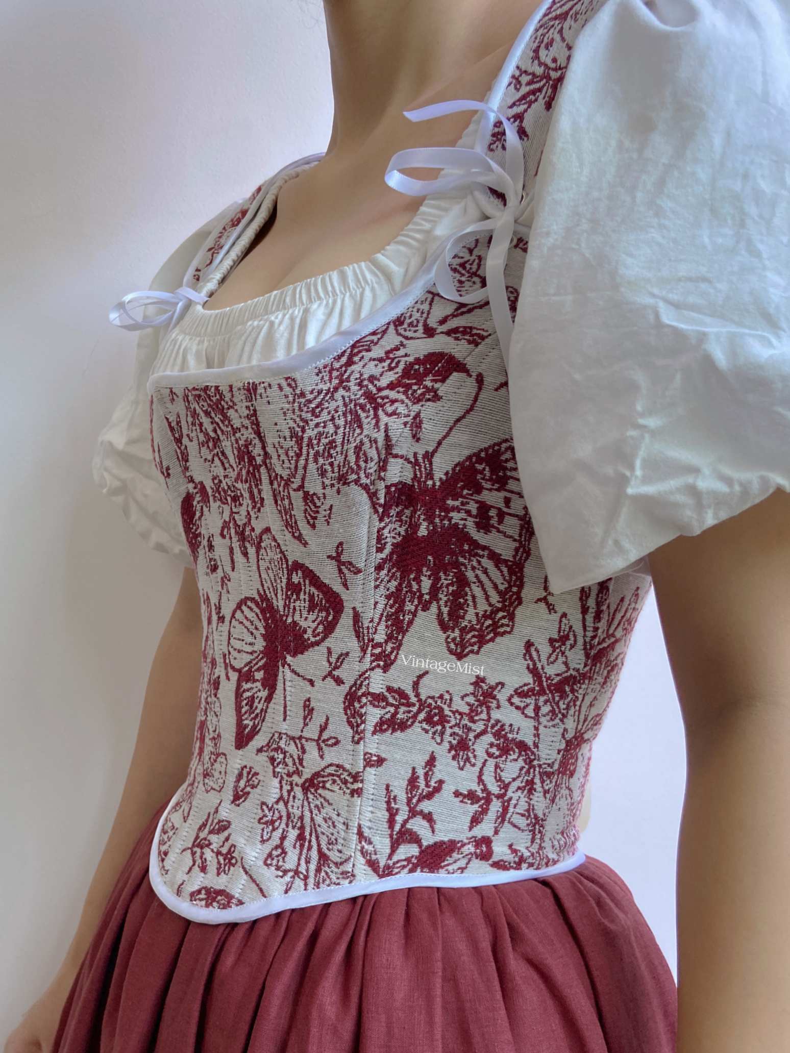 Elegant Wine Red Butterfly Tapestry Boned Corset  VintageMist