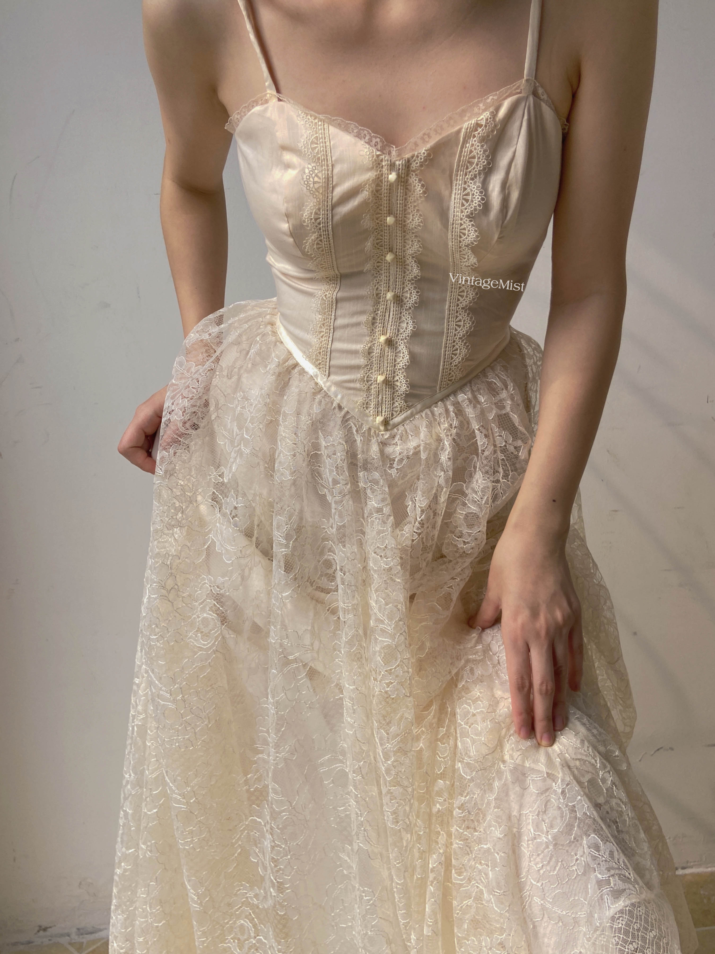 Floral Lace Strap Corset Dress - Beige | VintageMist