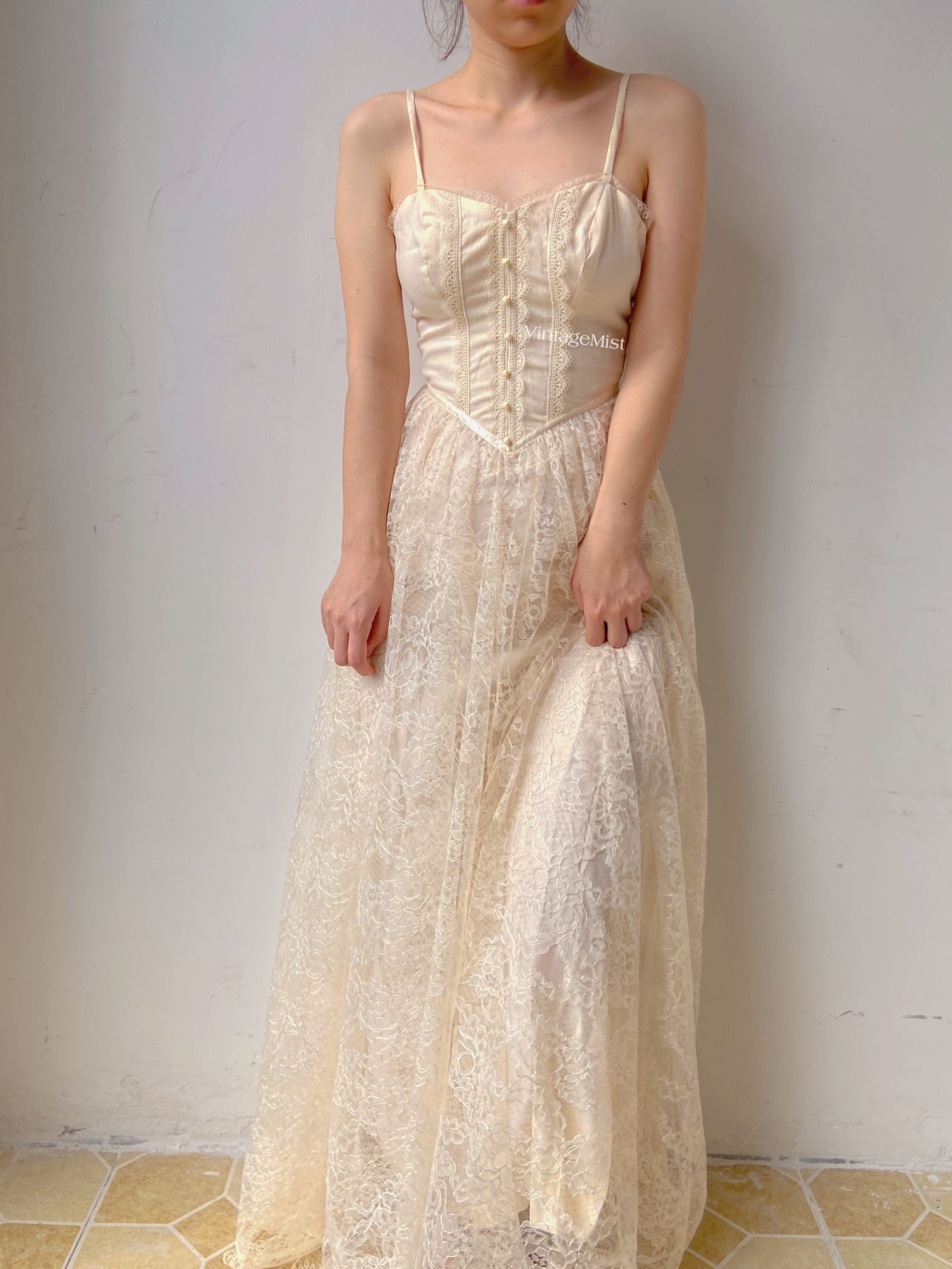 Floral Lace Strap Corset Dress - Beige | VintageMist