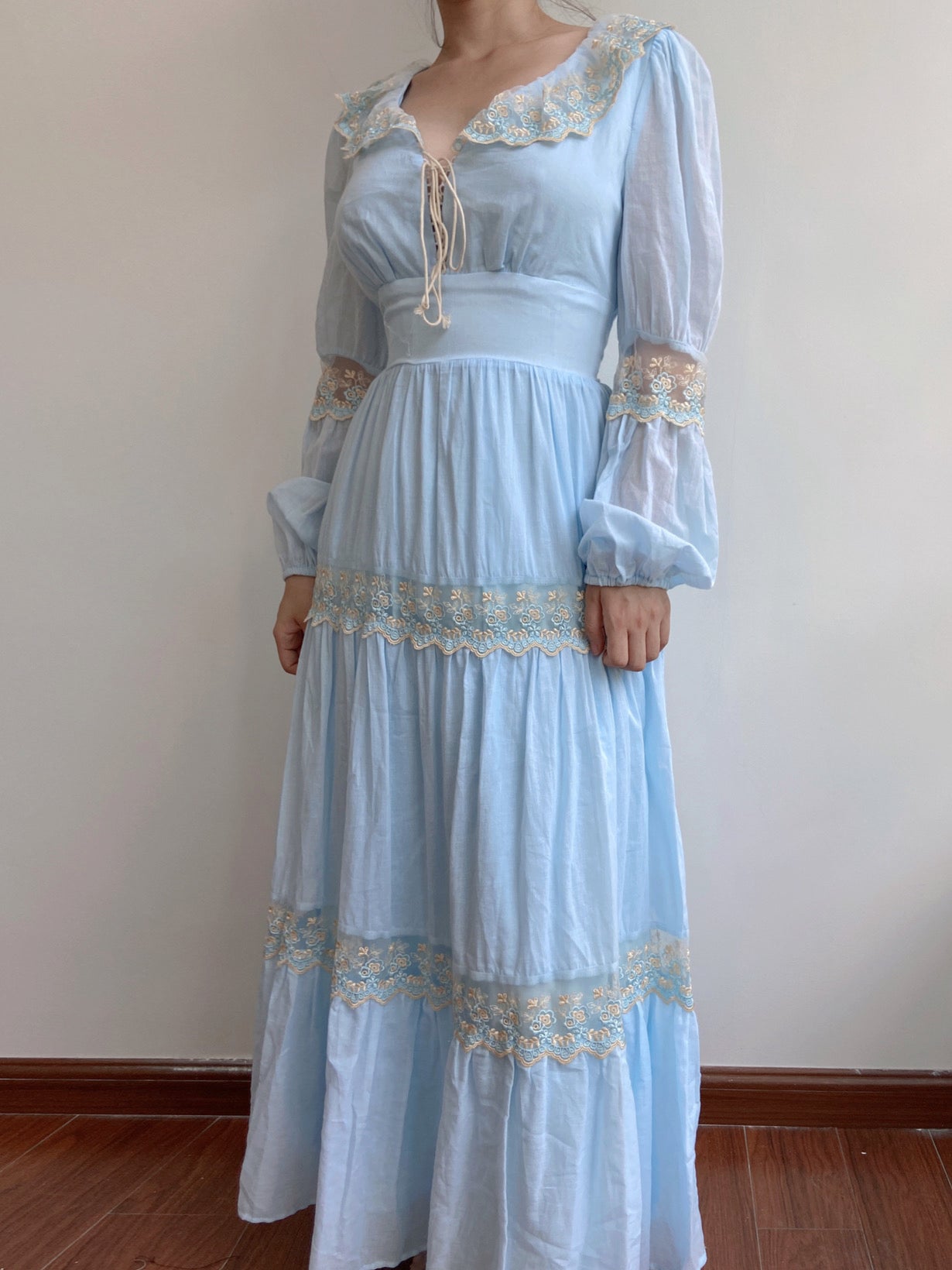 Flowy Blue Lace Ruffles Maxi Dress - Blue | VintageMist