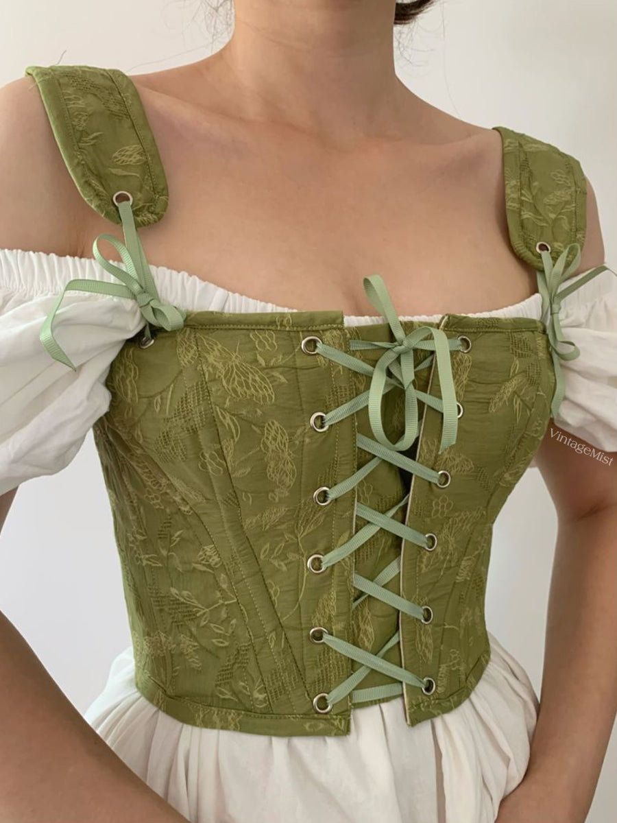 Front Lace Up Shoulder Strap Floral Print Corset | VintageMist