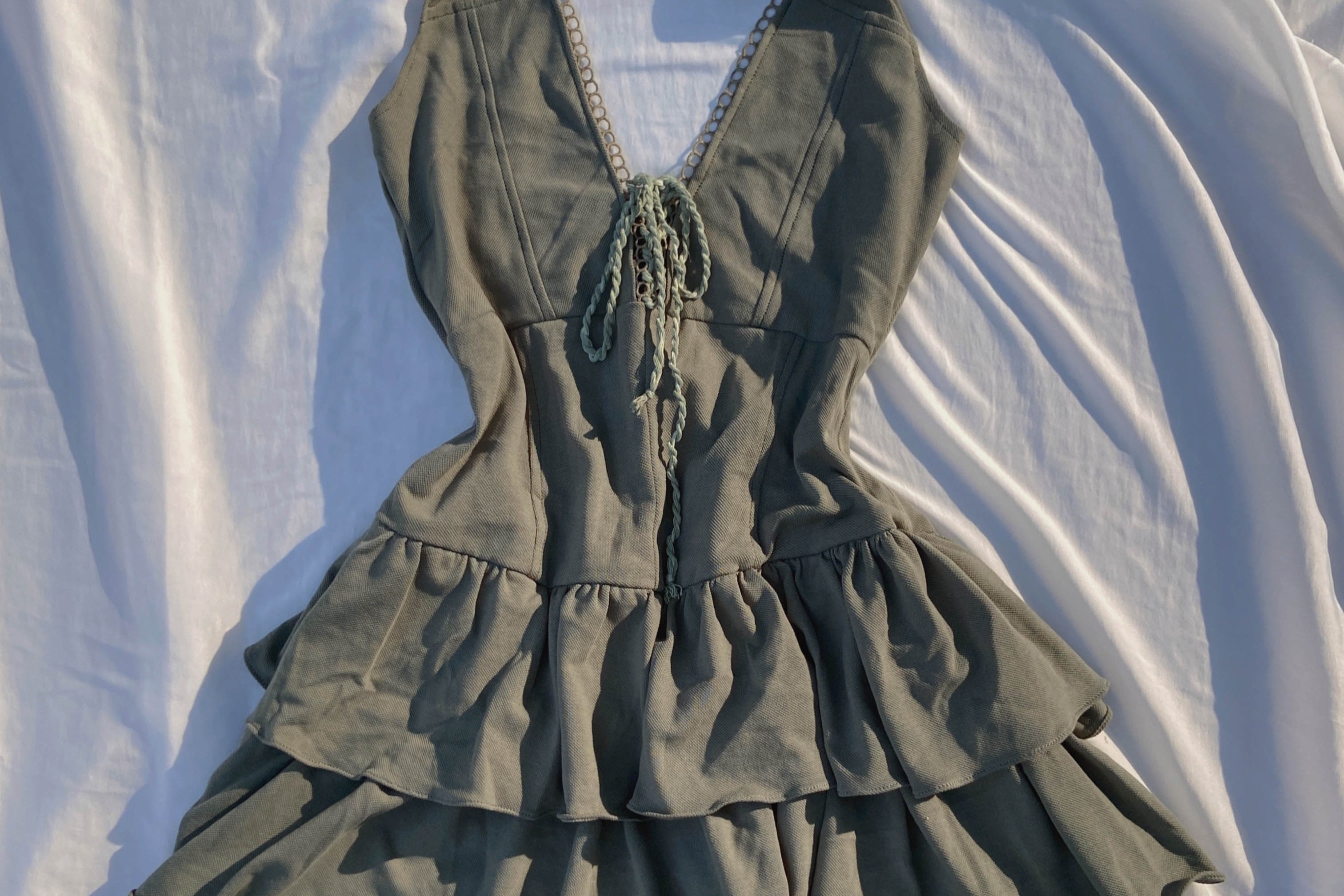 Front Lace-Up Ruffle Halter Mini Dress - Green | VintageMist