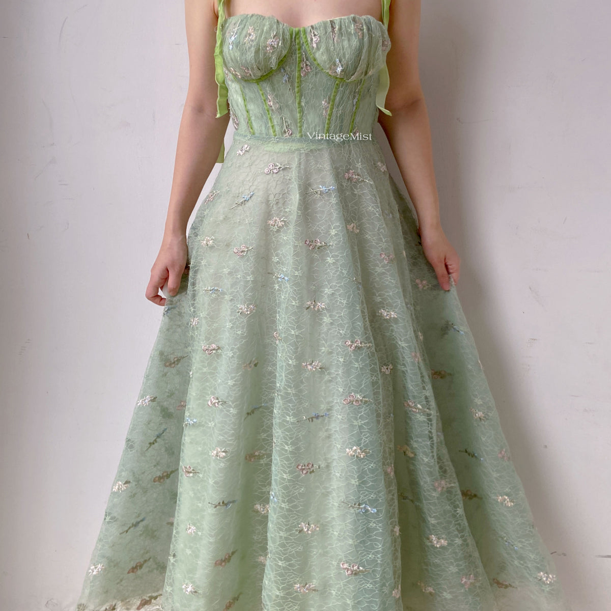 Green Tulle Prom Corset Dress with Floral Embroidery VintageMist Green Tulle Prom Corset Dress with Floral Embroidery VintageMist