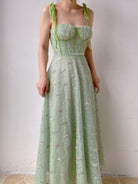 Green Tulle Prom Corset Dress with Floral Embroidery | VintageMist