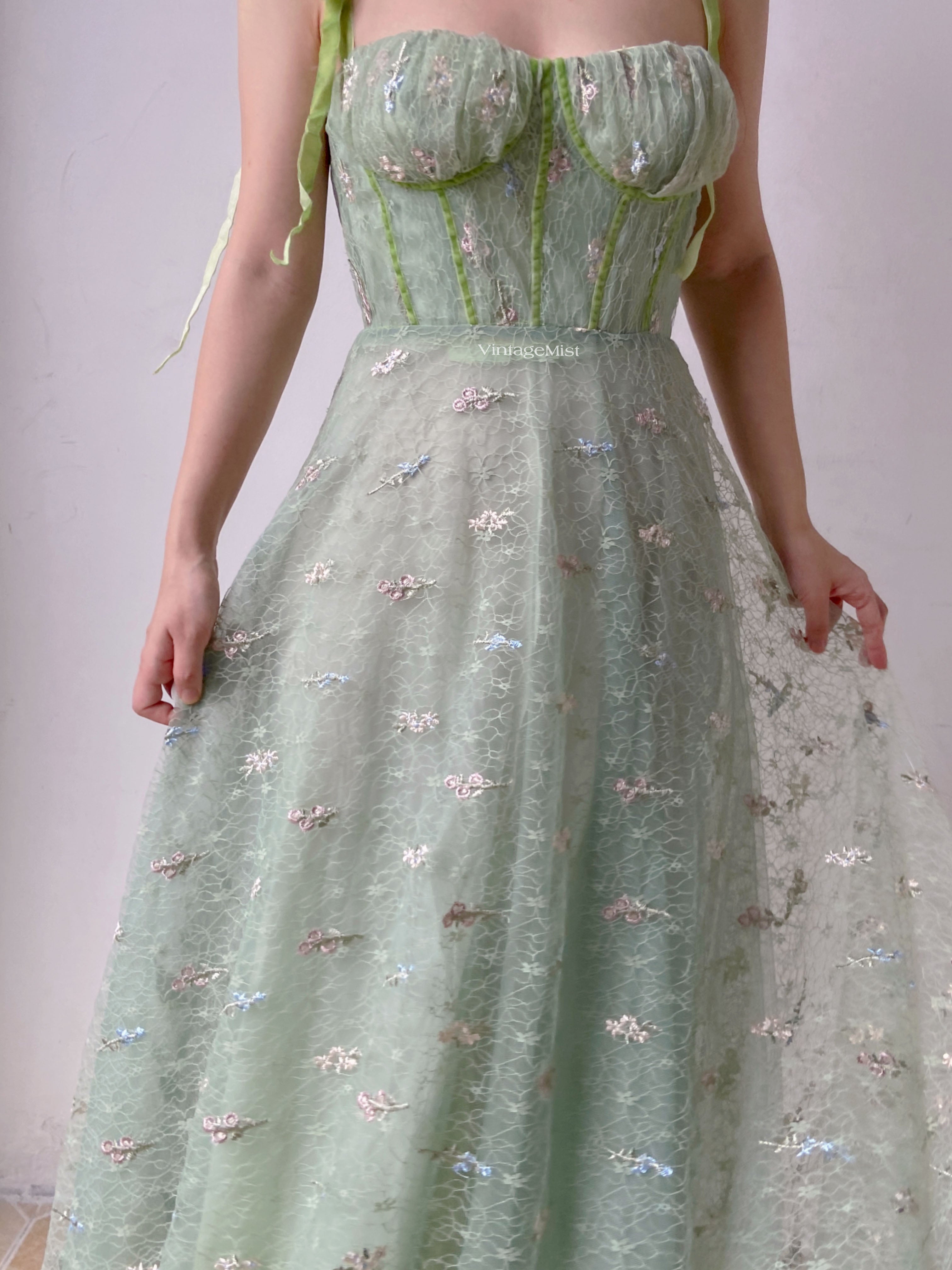 Green Tulle Prom Corset Dress with Floral Embroidery | VintageMist