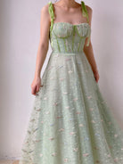 Green Tulle Prom Corset Dress with Floral Embroidery | VintageMist