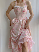 Halter Floral Print Ruched Lace Maxi Corset Dress - Pink | VintageMist