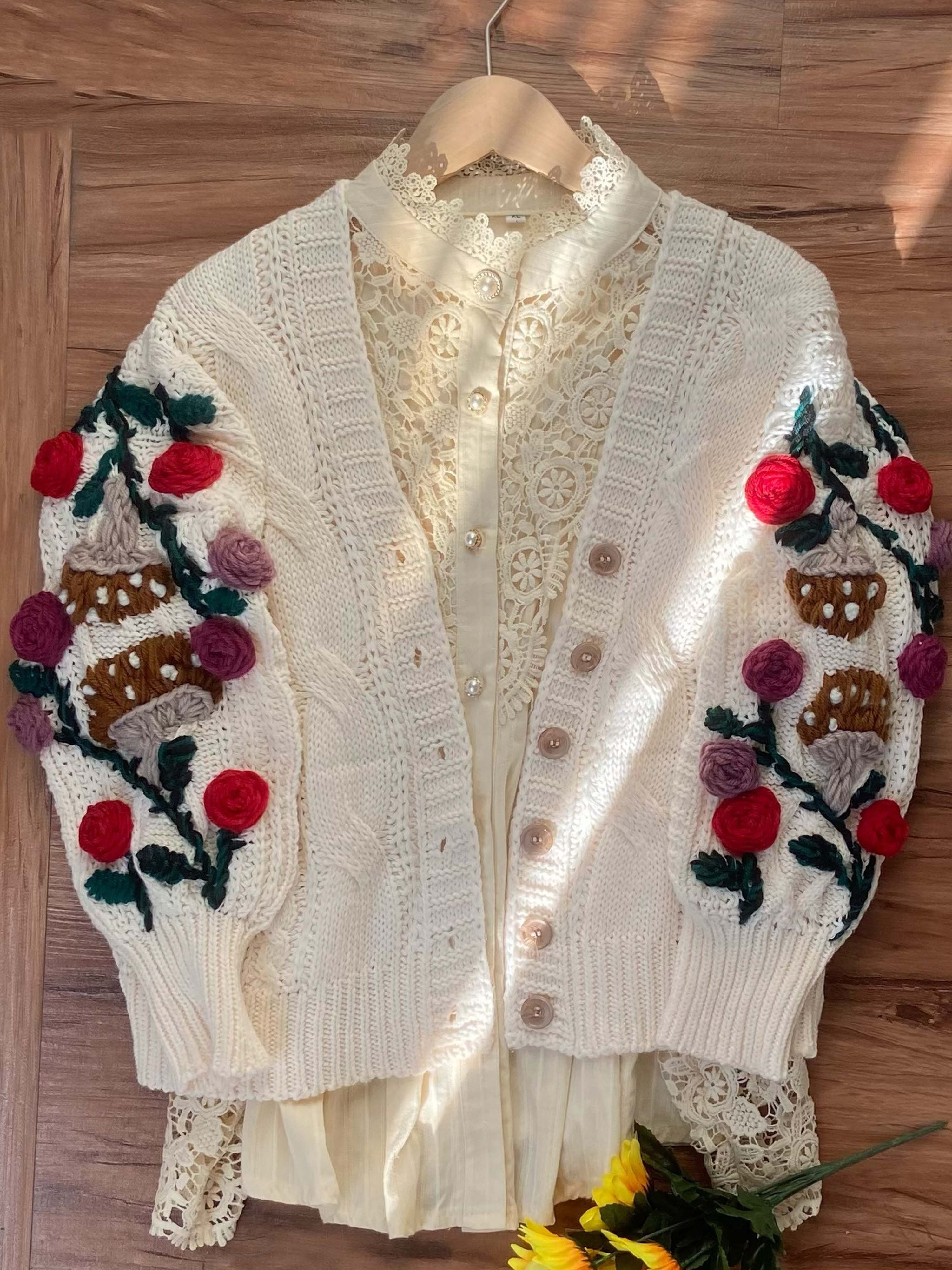 Hand Embroidery Rose Mushroom Crop Sweater Cardigan | VintageMist