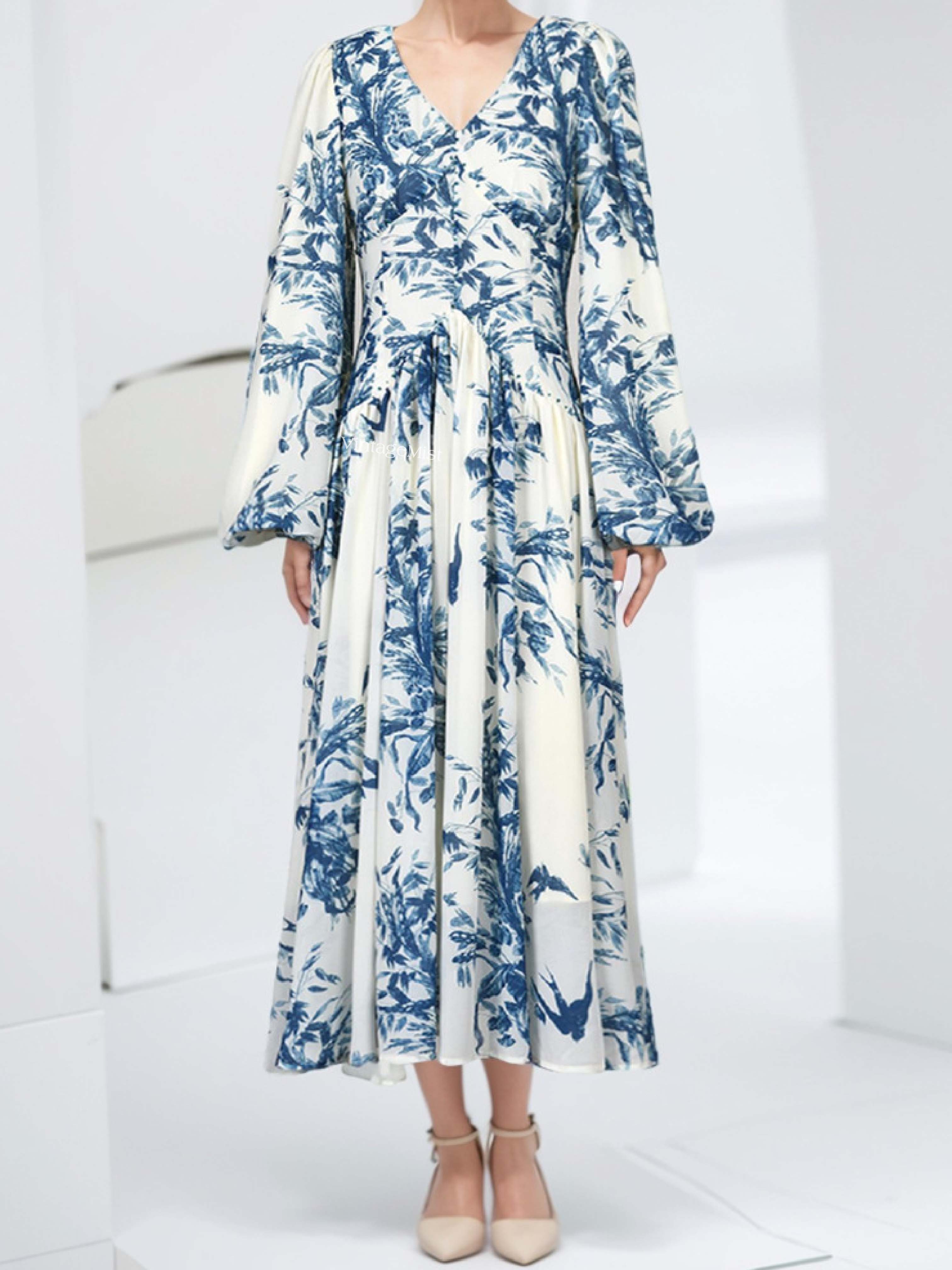 Ink Floral Print Dress - Ivory | VintageMist