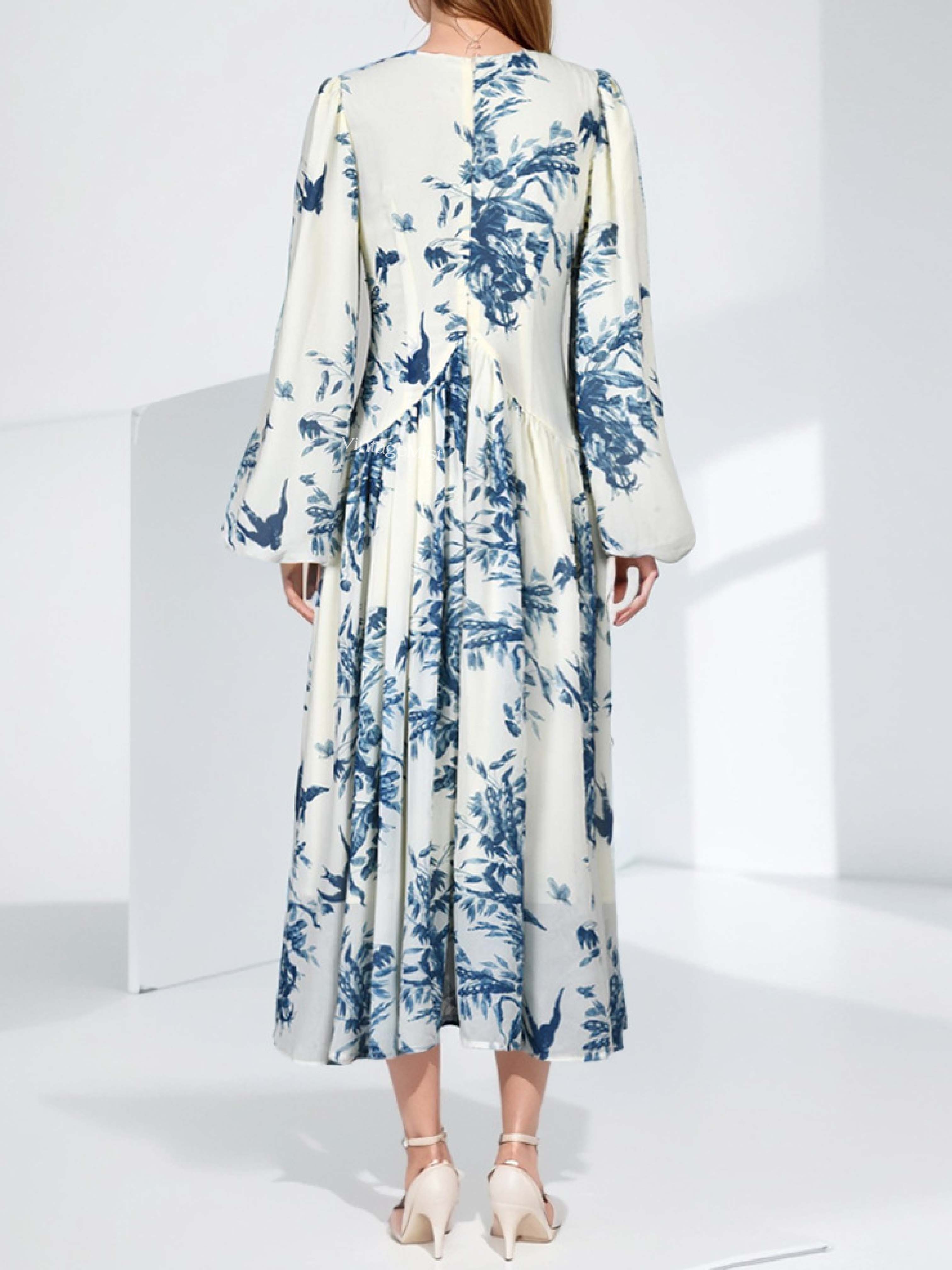 Ink Floral Print Dress - Ivory | VintageMist