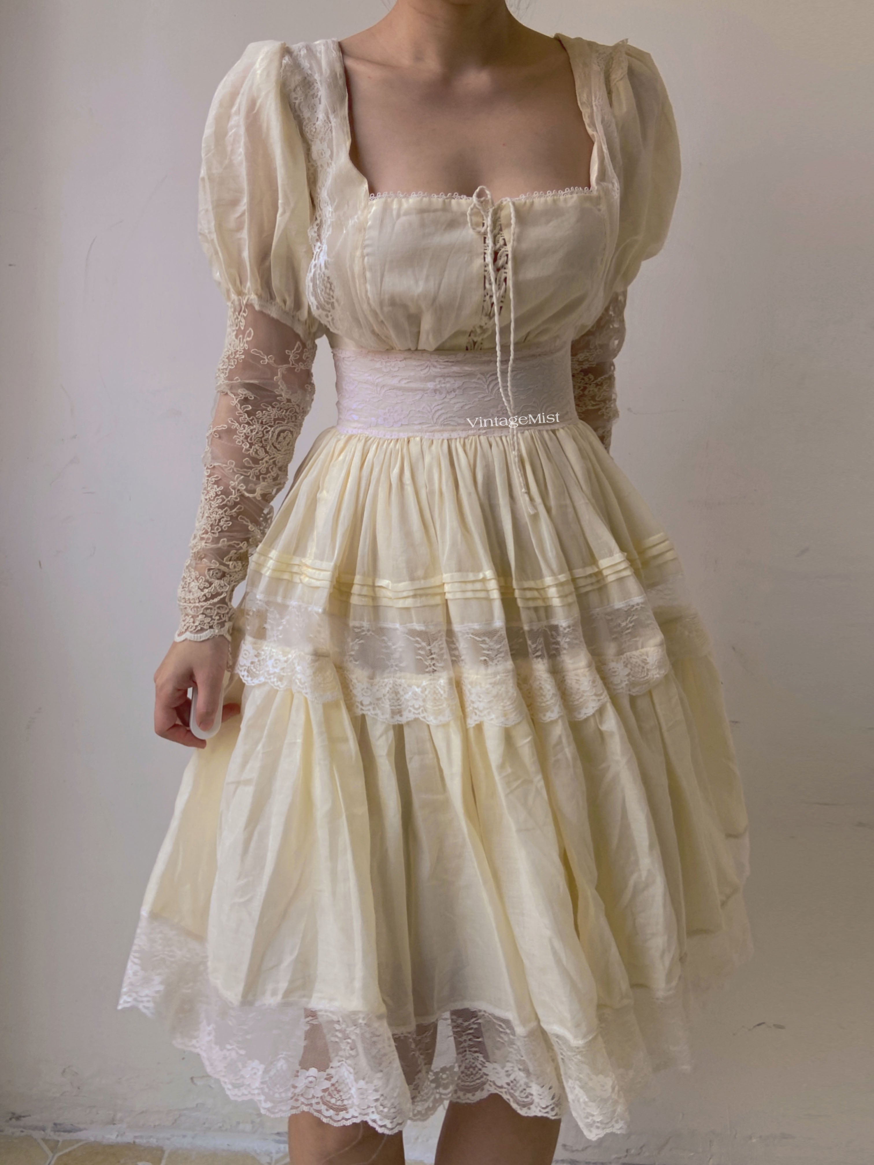 Lace Leg-of-Mutton Sleeve Pleated Midi Dress - Light Yellow | VintageMist
