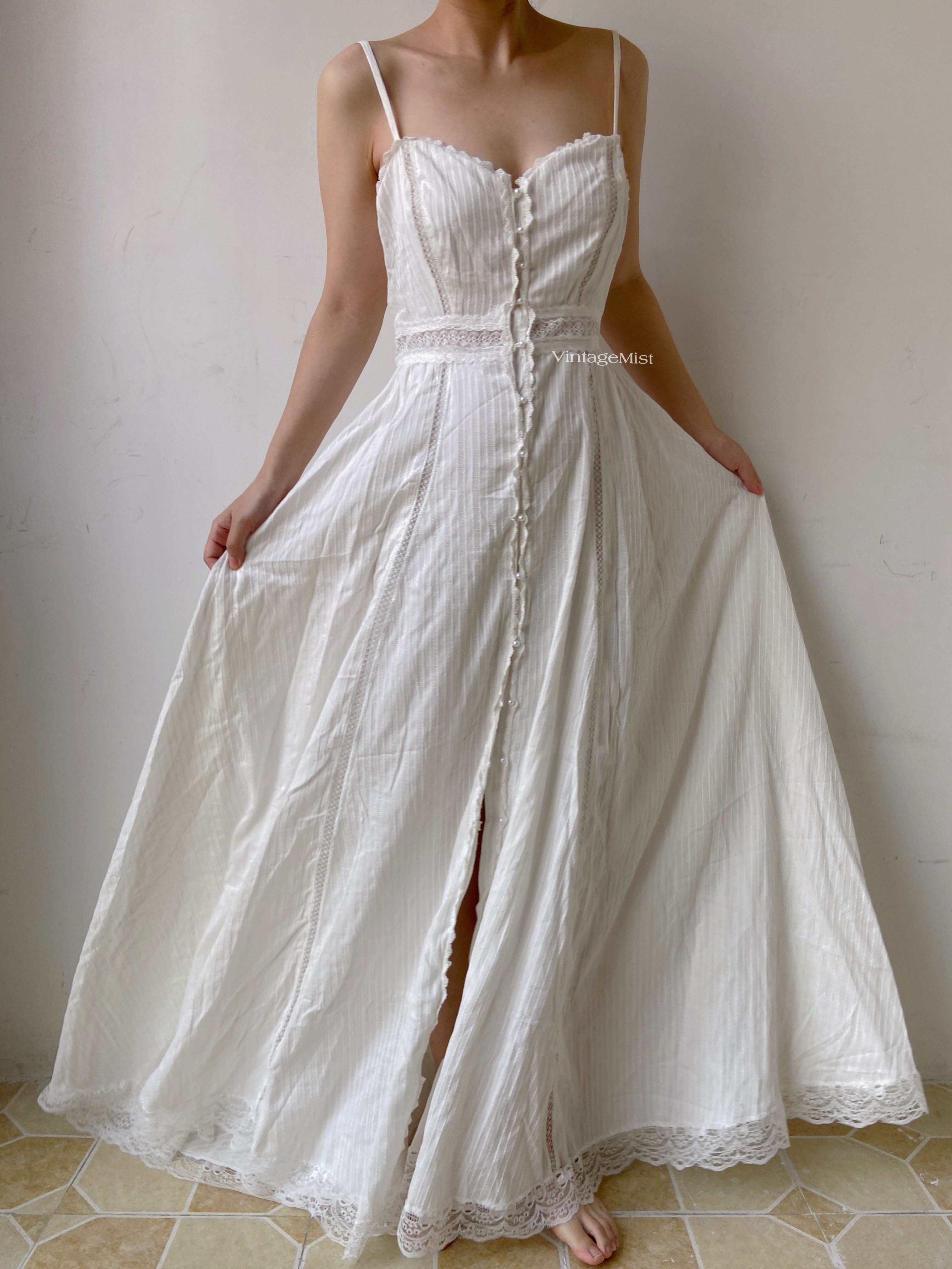 Lace Trim Beaded Cami Dress - White | VintageMist