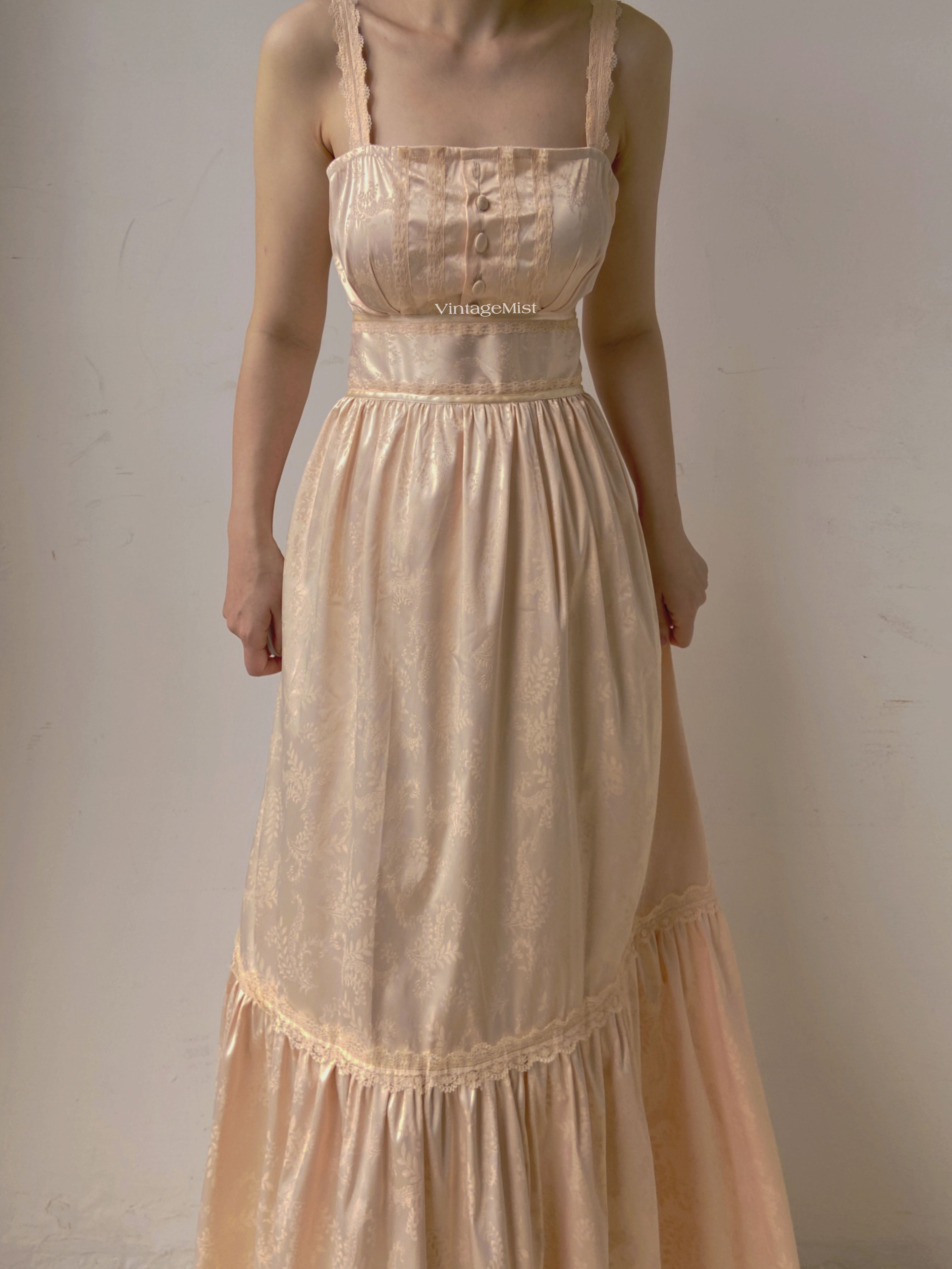 Lace Trimmed Jacquard Cami Dress - Champagne | VintageMist