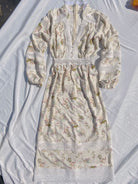 Long Lantern Sleeve Floral V Neck Lace Midi Dress - Beige VintageMist