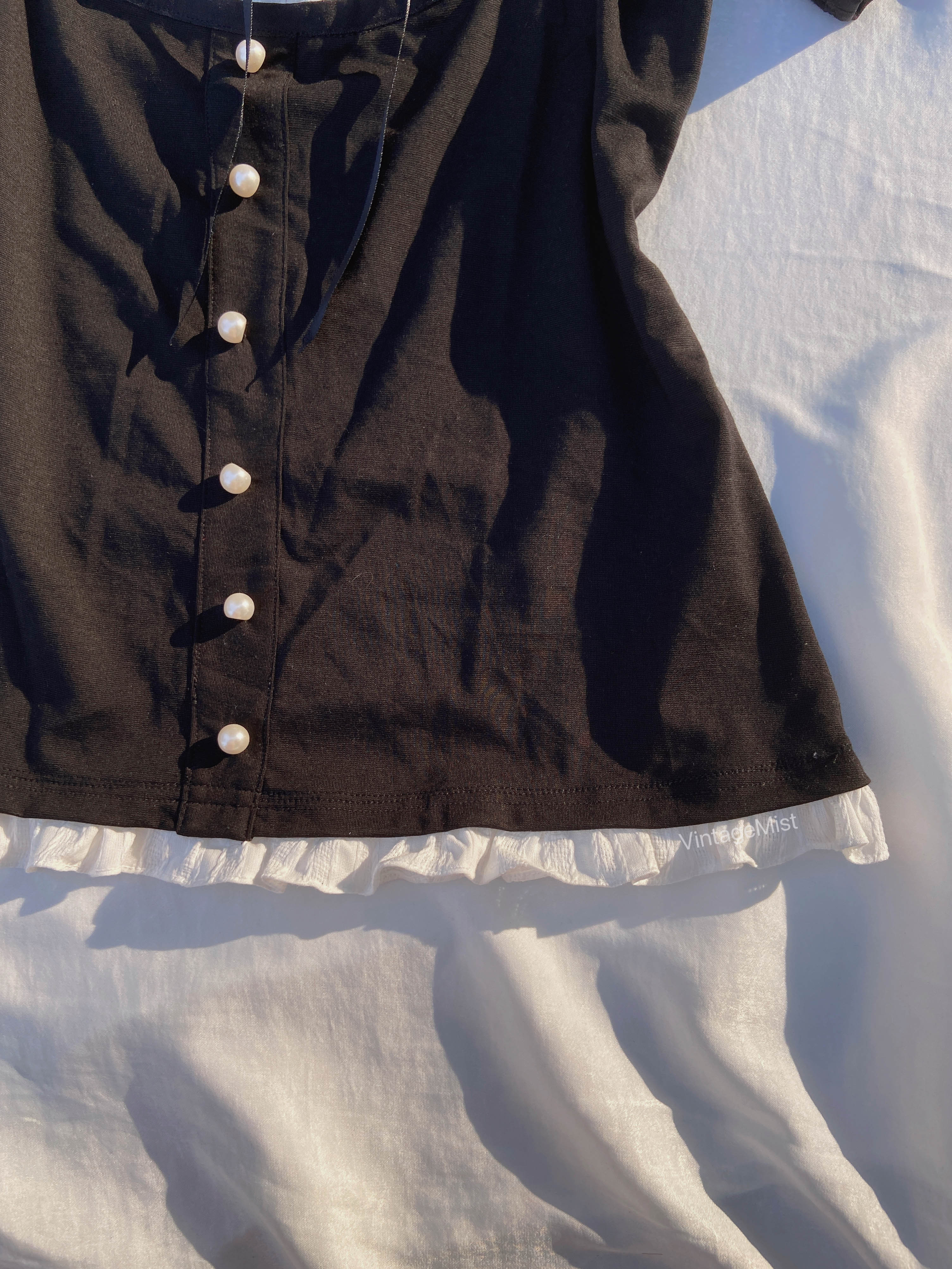 Milkmaid Color Block Pearl Puff Sleeve T-Shirt - Black | VintageMist