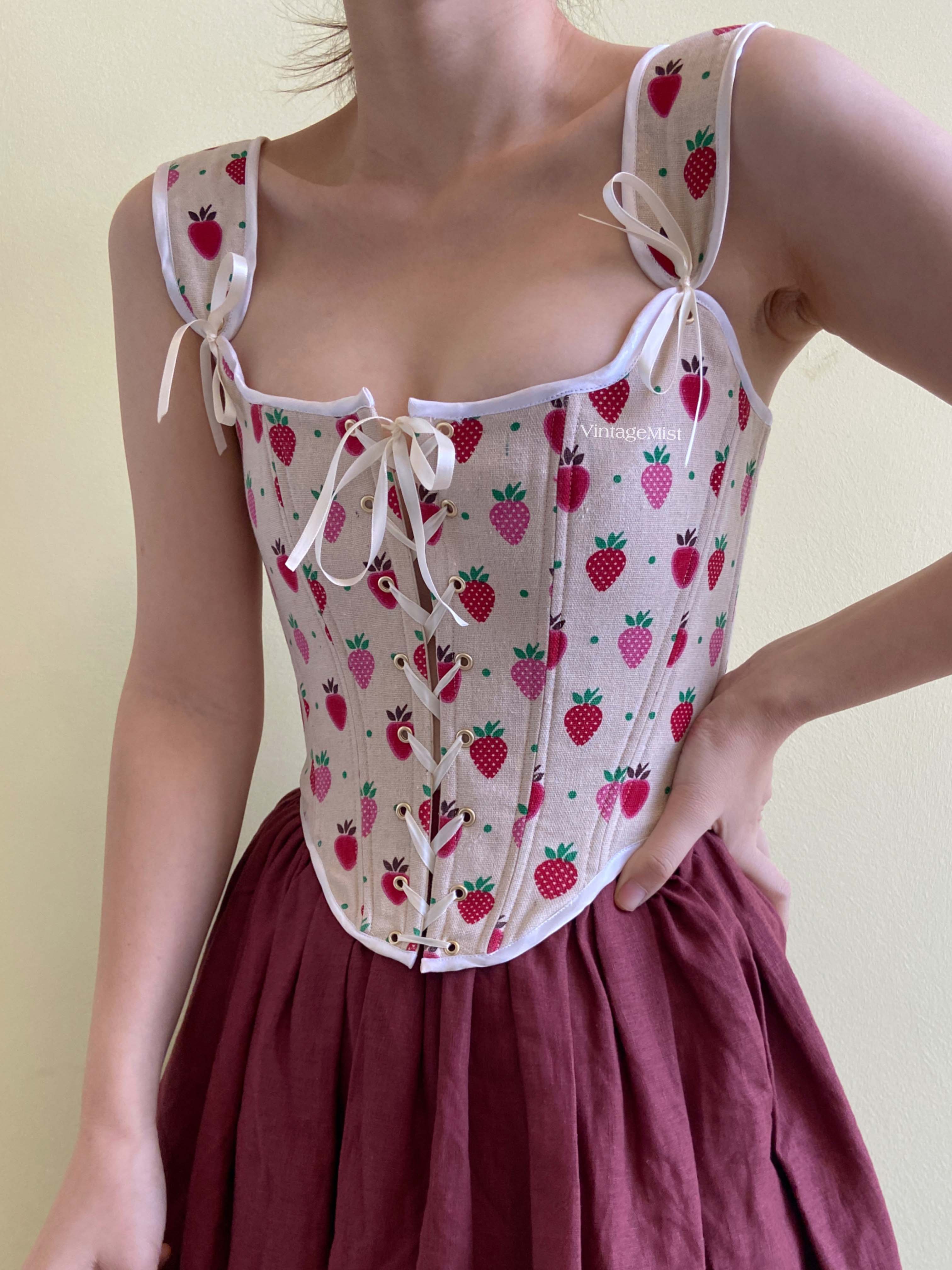 Natural Linen Stays Strawberry Corset - Pink | VintageMist
