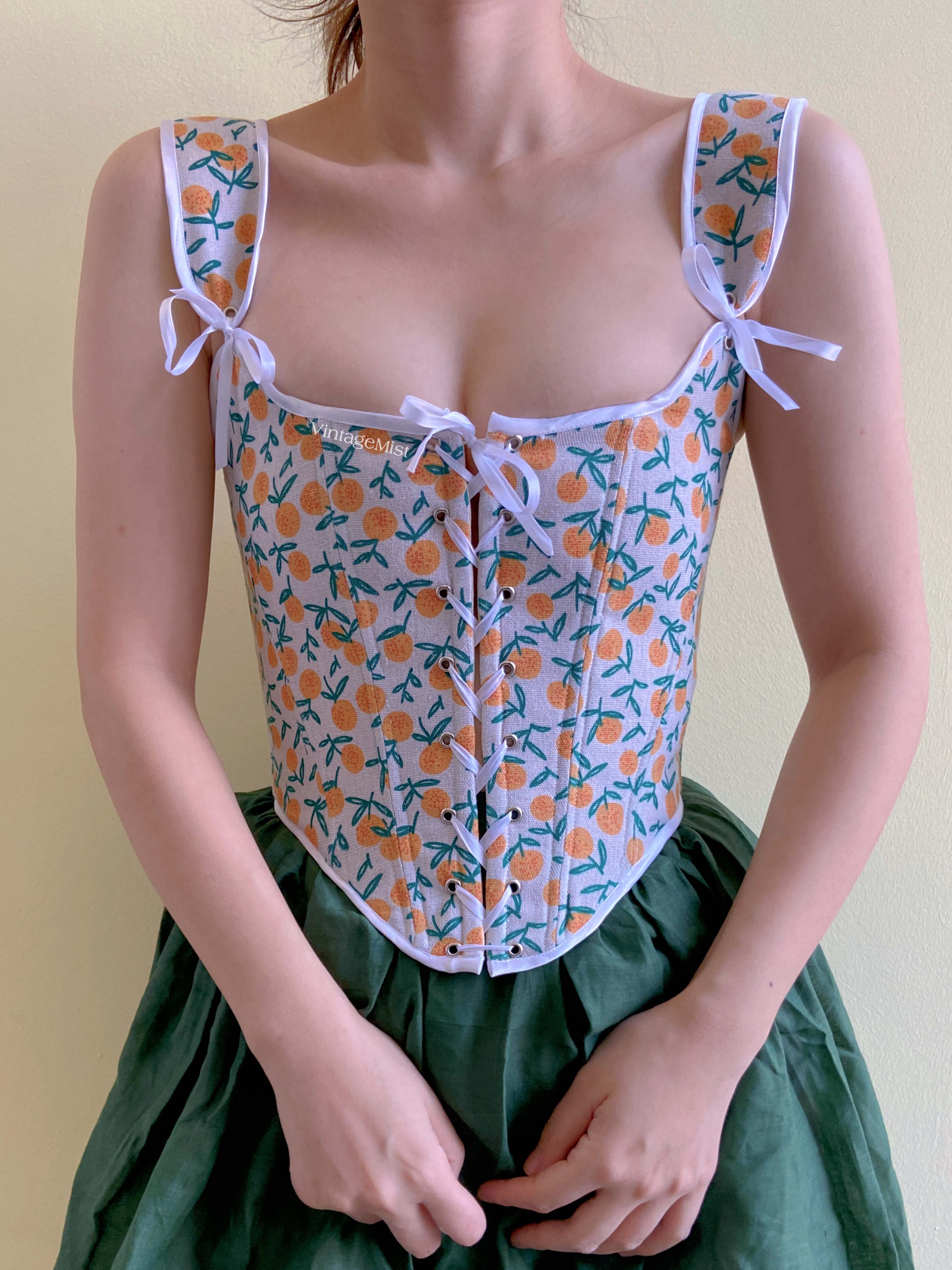 Orange Print Corset Bodice Stays - Ivory | VintageMist