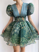 Puffy Sleeves Lace V Neck Floral Cottagecore Mini Dress - Green | VintageMist