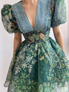 Puffy Sleeves Lace V Neck Floral Cottagecore Mini Dress - Green | VintageMist
