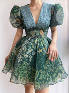 Puffy Sleeves Lace V Neck Floral Cottagecore Mini Dress - Green | VintageMist