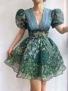 Puffy Sleeves Lace V Neck Floral Cottagecore Mini Dress - Green | VintageMist