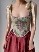 Renaissance Lace-Up Floral Tapestry Boned Corset - Brown | VintageMist