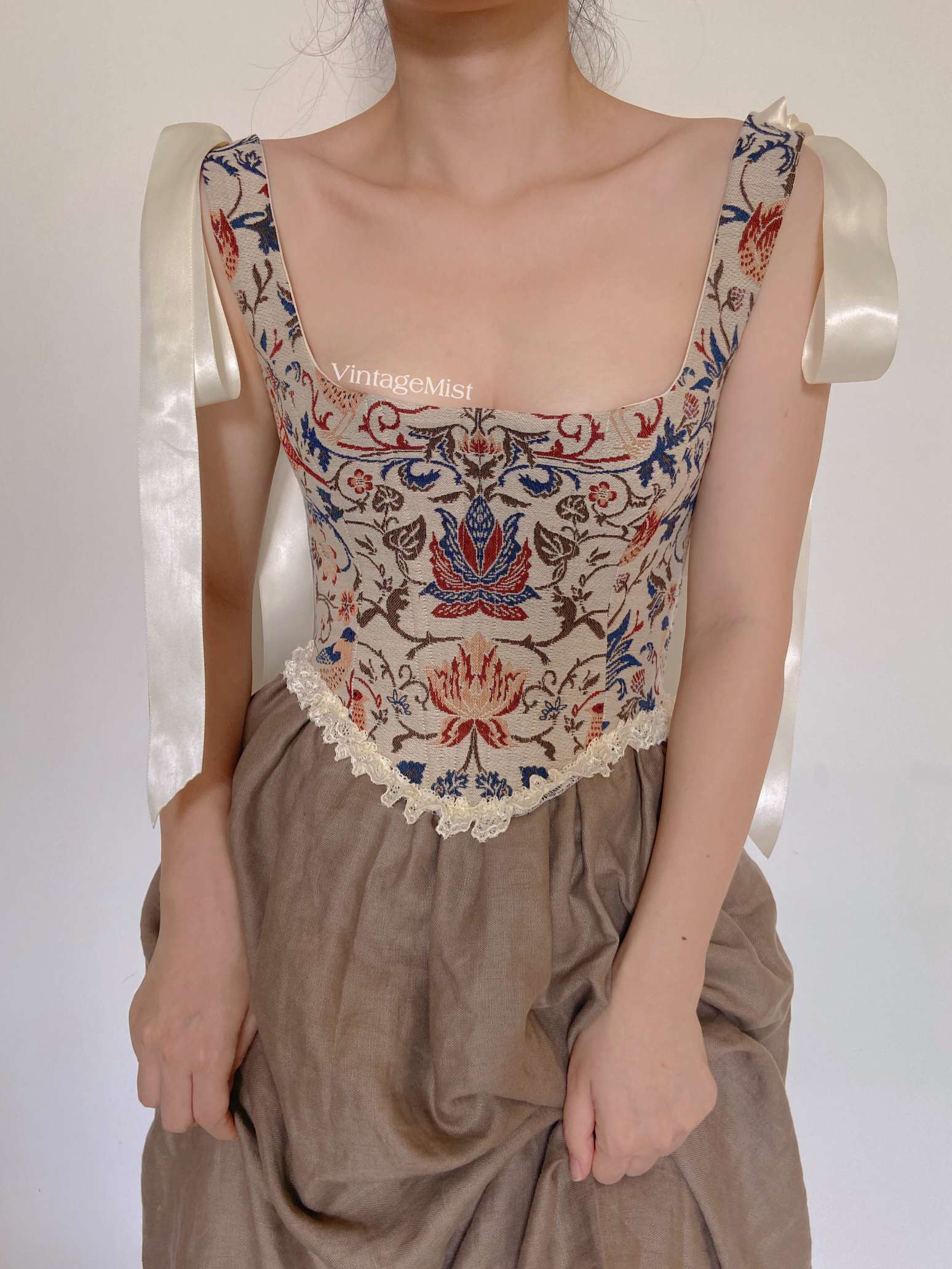 Renaissance Lace Trim Bodice with Floral Botanical Grey | VintageMist