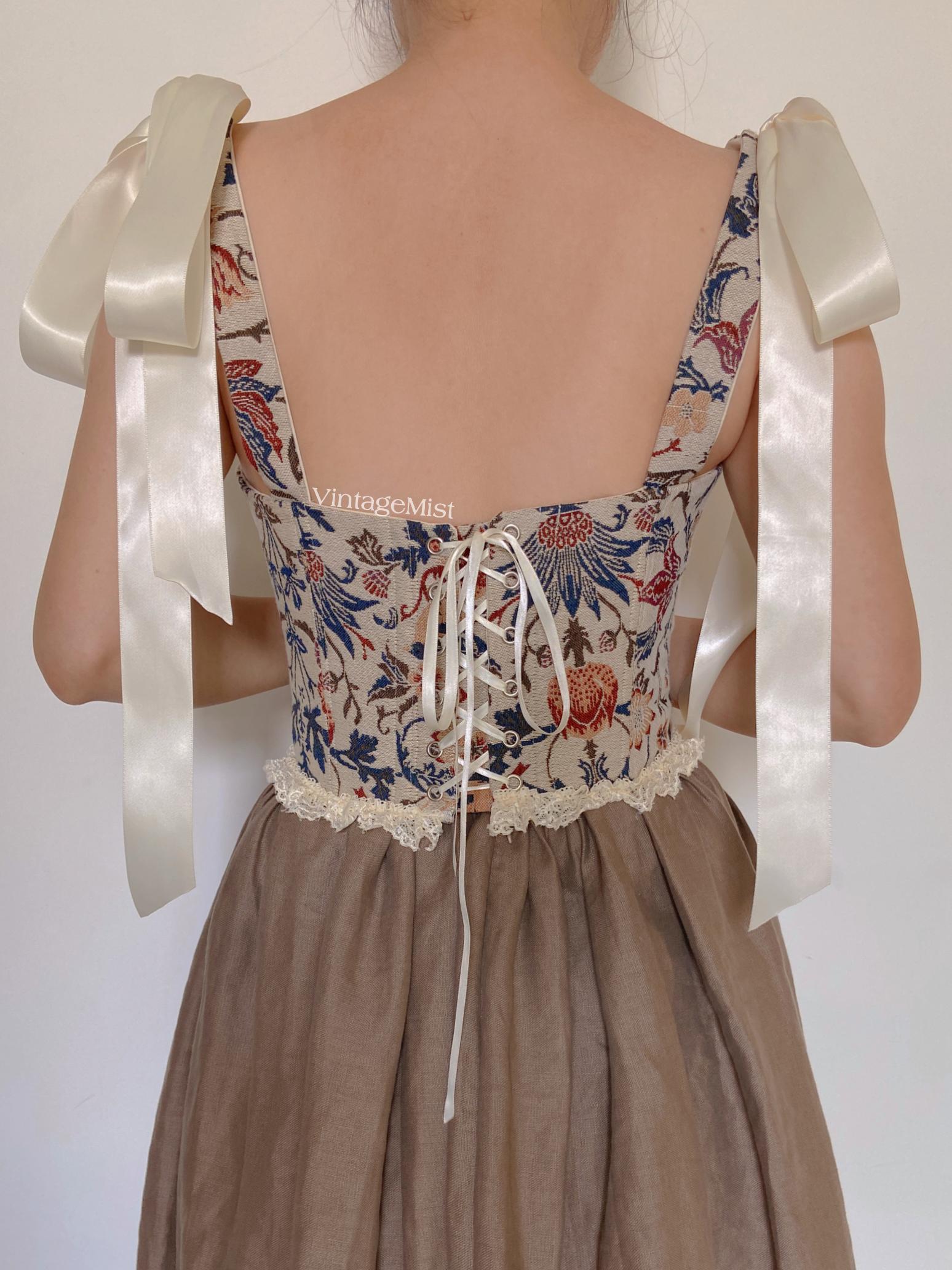 Renaissance Lace Trim Bodice with Floral Botanical Grey | VintageMist