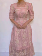 Square Neck Lace Trim Floral Midi Dress - Pink | VintageMist