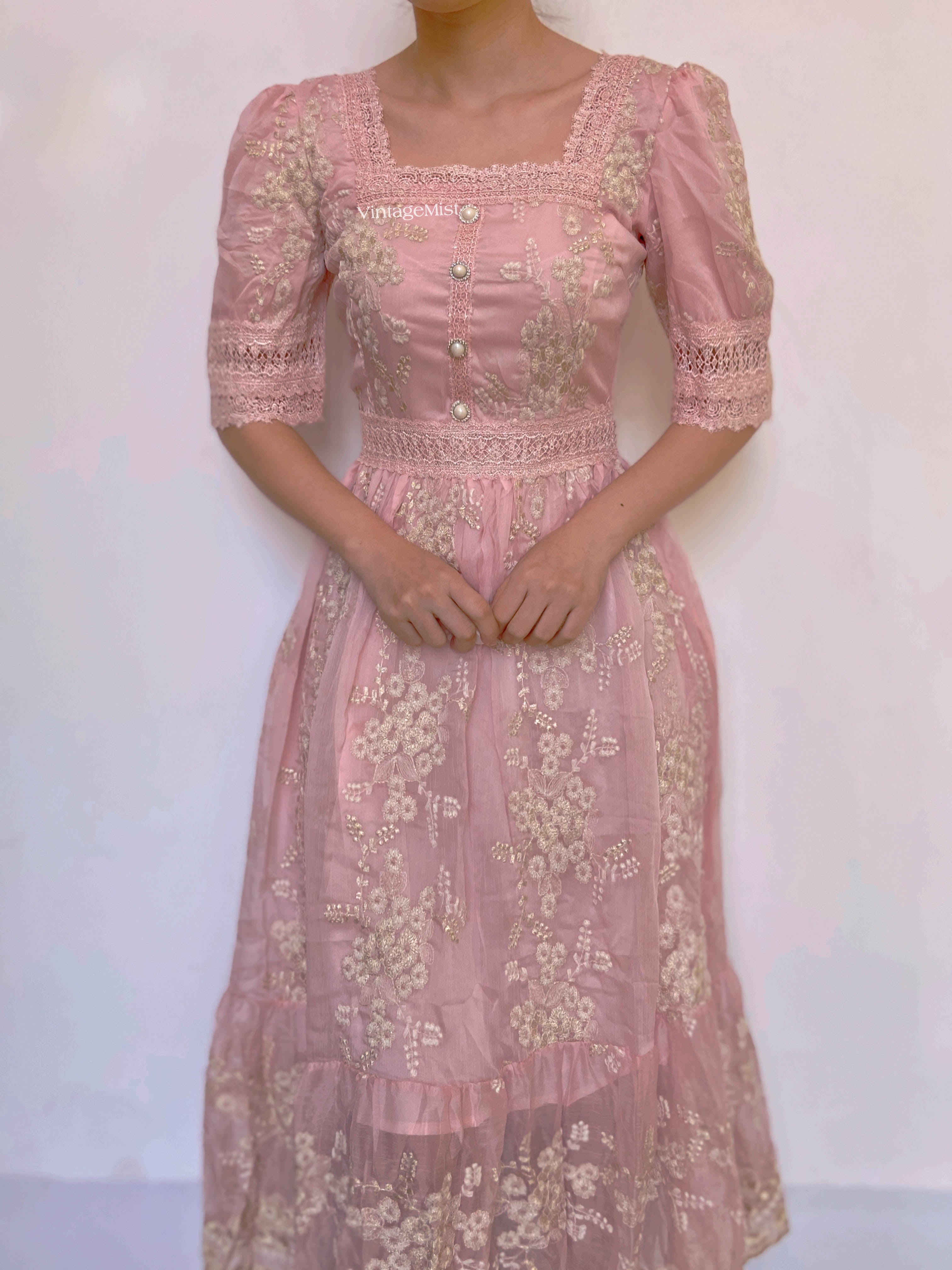 Square Neck Lace Trim Floral Midi Dress - Pink | VintageMist