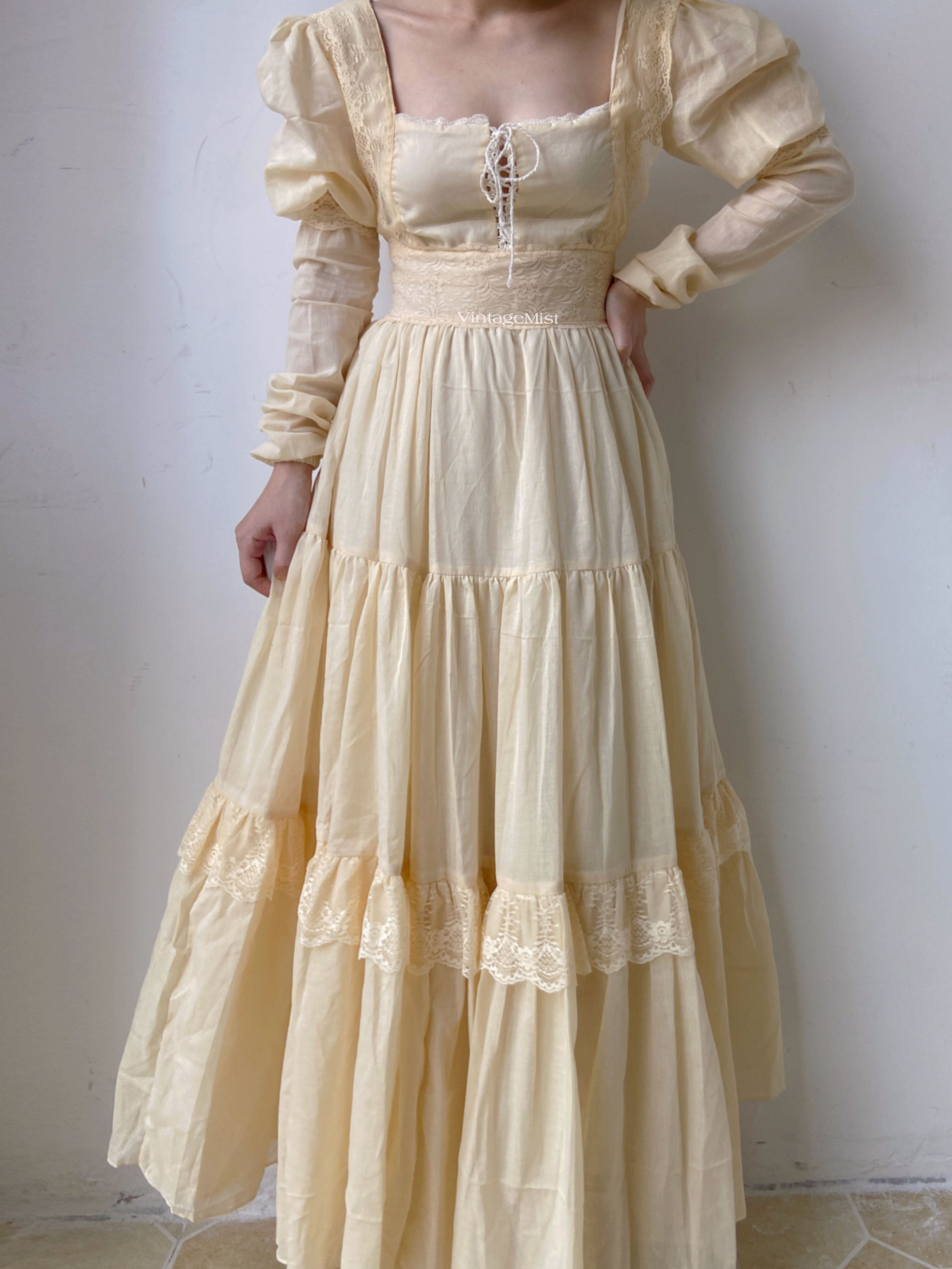 Square Neck Long Lantern Sleeve Lace Dress - Apricot | VintageMist
