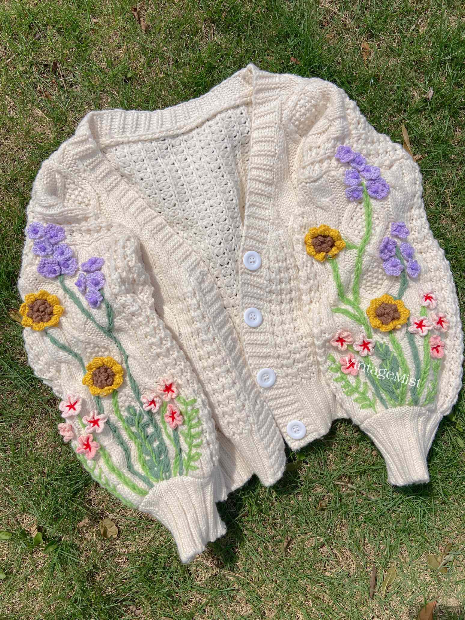Sunflower Lavender Embroidery Cardigan - Ivory | VintageMist