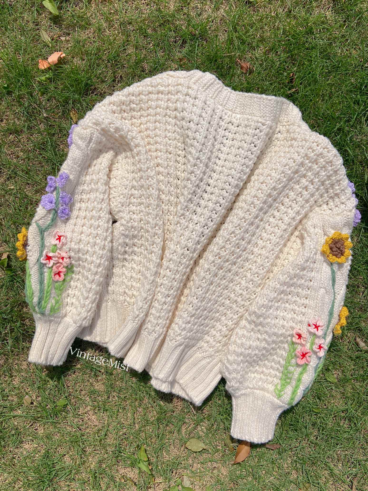 Sunflower Lavender Embroidery Cardigan - Ivory | VintageMist